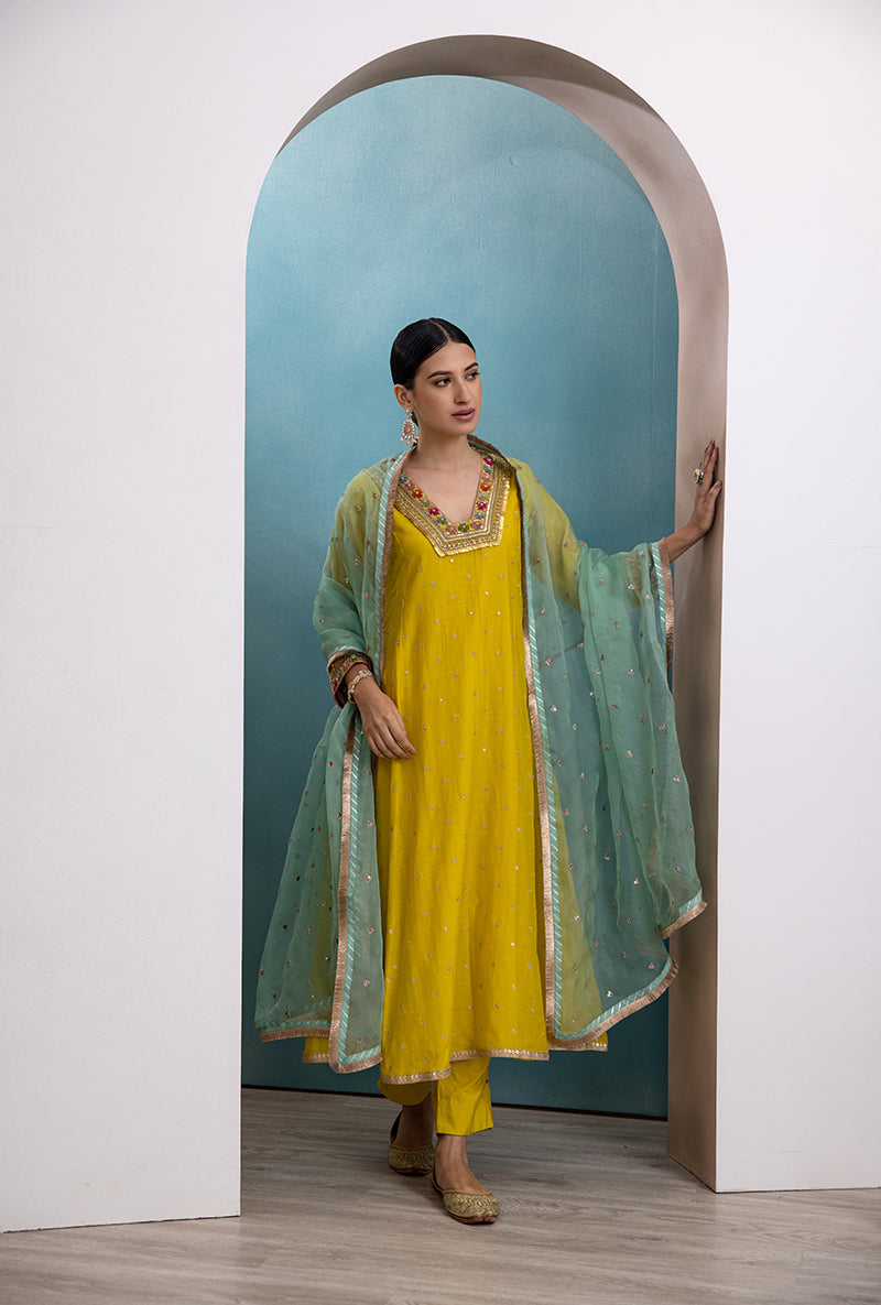 Yellow Floral Resham V Neck Raha Kurta Set