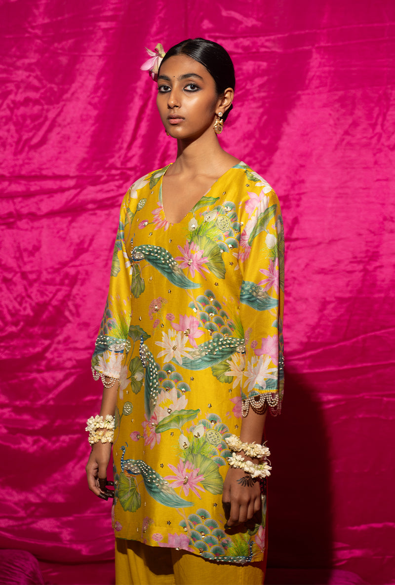 Yellow Printed Short Kamli Kurta Set
