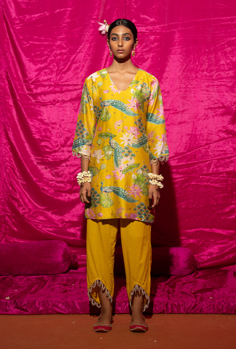 Yellow Printed Short Kamli Kurta Set