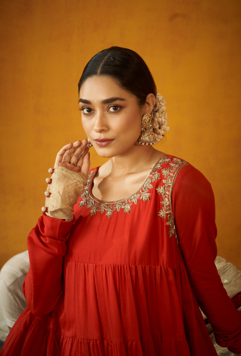 layered kurta dress Fuschia Shantoon Gold Foil Print Layered Kurta Dress