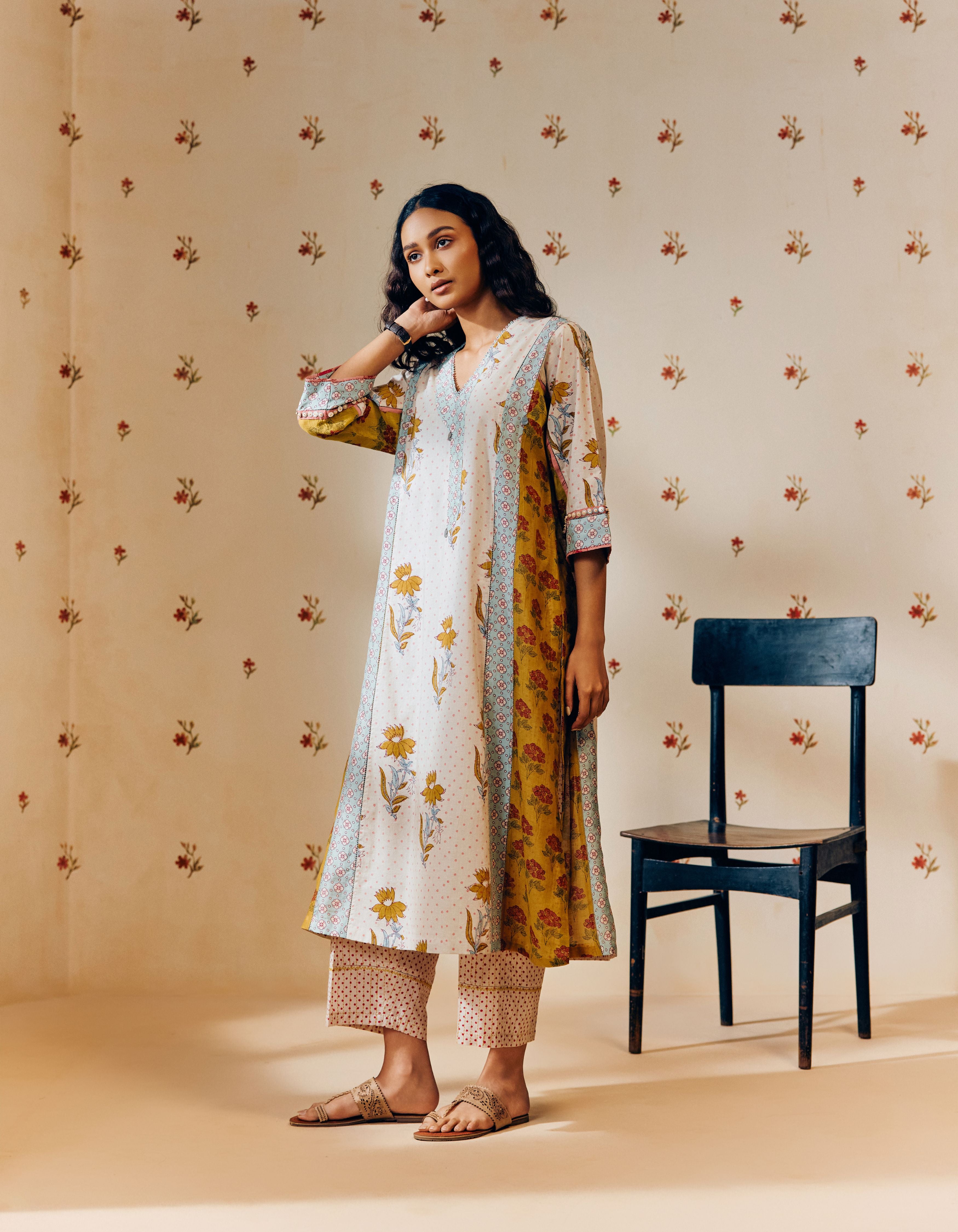 Off White And Mustard Hand Block Printed Silk Multi Panel Mia Kurta Set