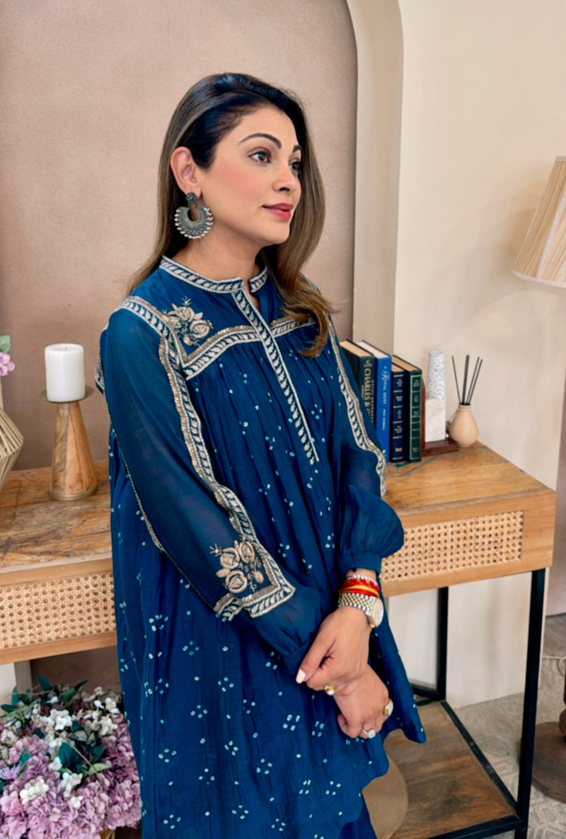 Meghna Nayyar in Blue Bandhej Dhoti Kurta Set
