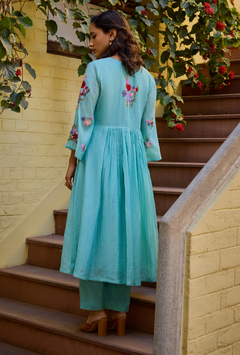 Turquoise Hand Embroidered Kalidaar Anaardana Kurta Set