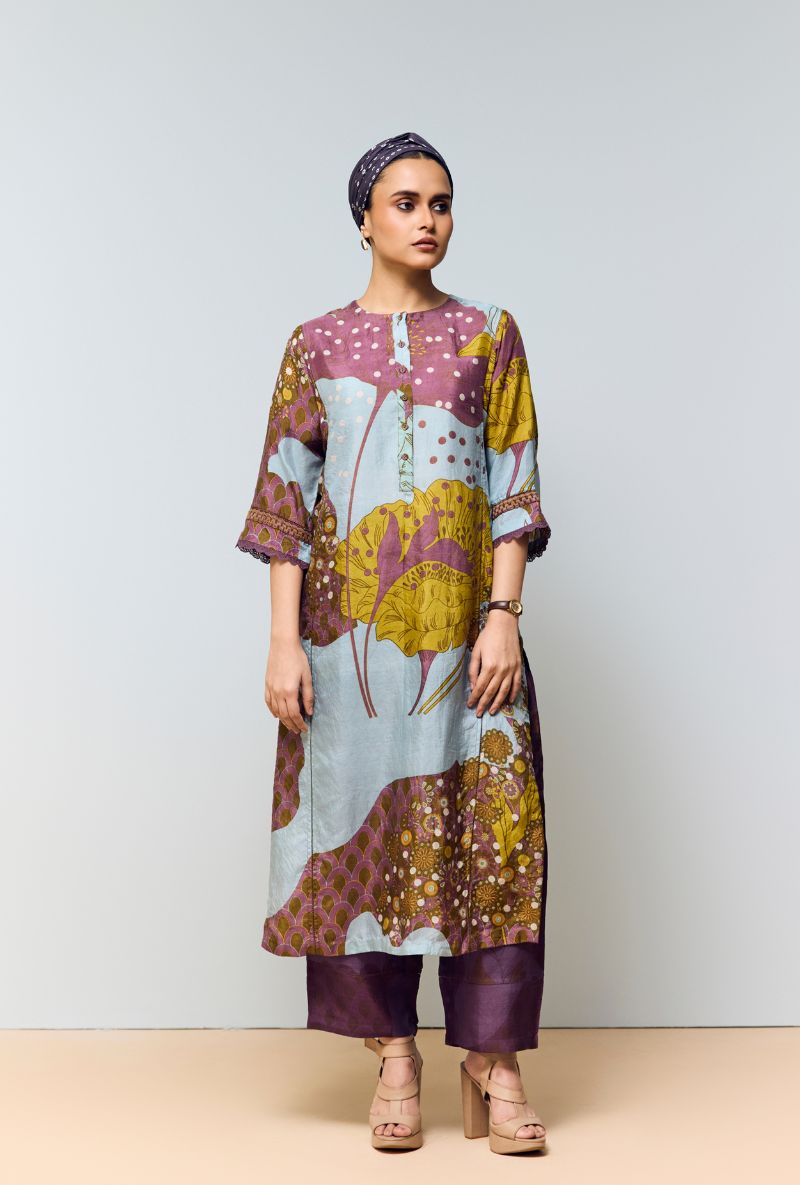 Greyish Blue Hand Printed Kaftan Sleeves Eden Co-Ord Set