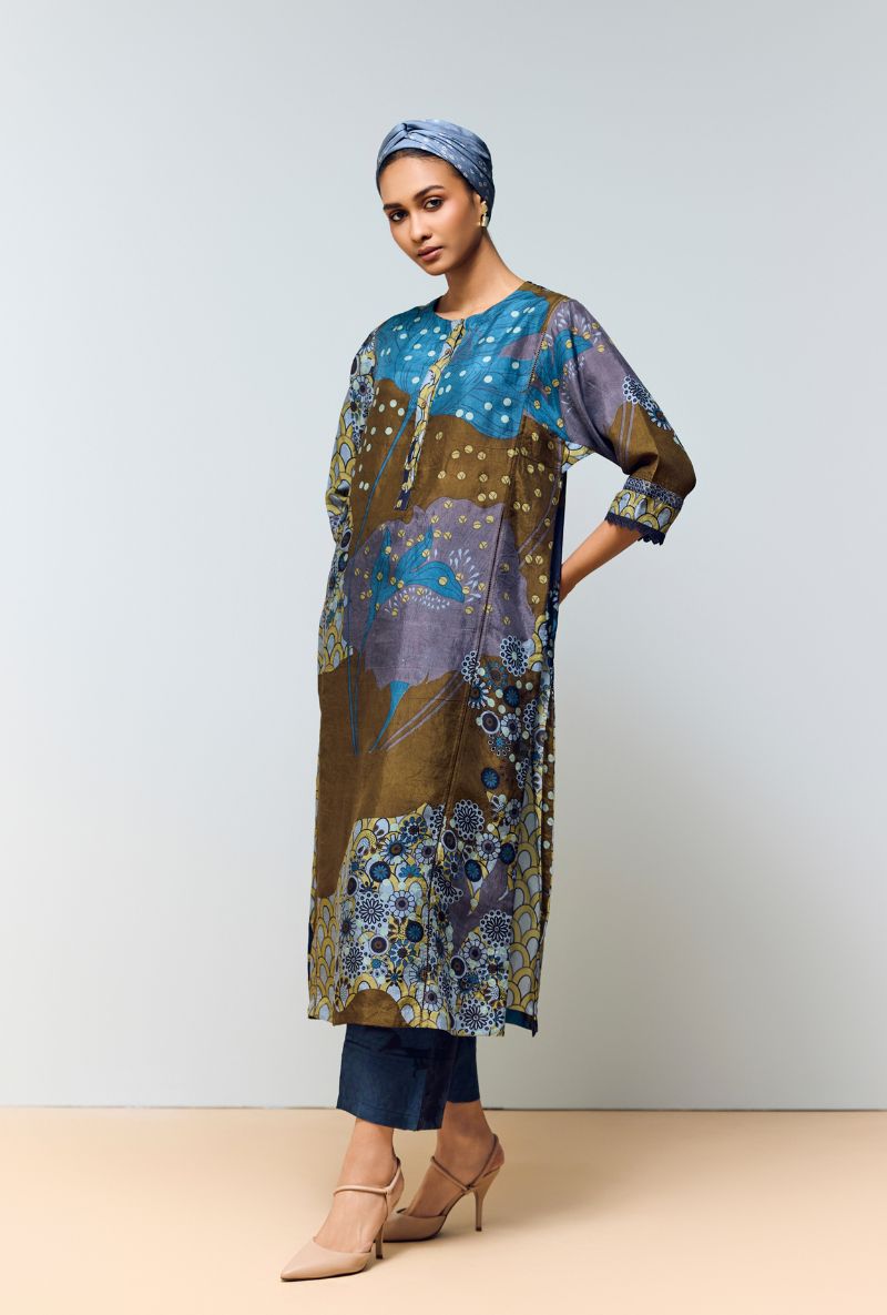 Midnight Blue Hand Printed Kaftan Sleeve Eden Co-Ord Set