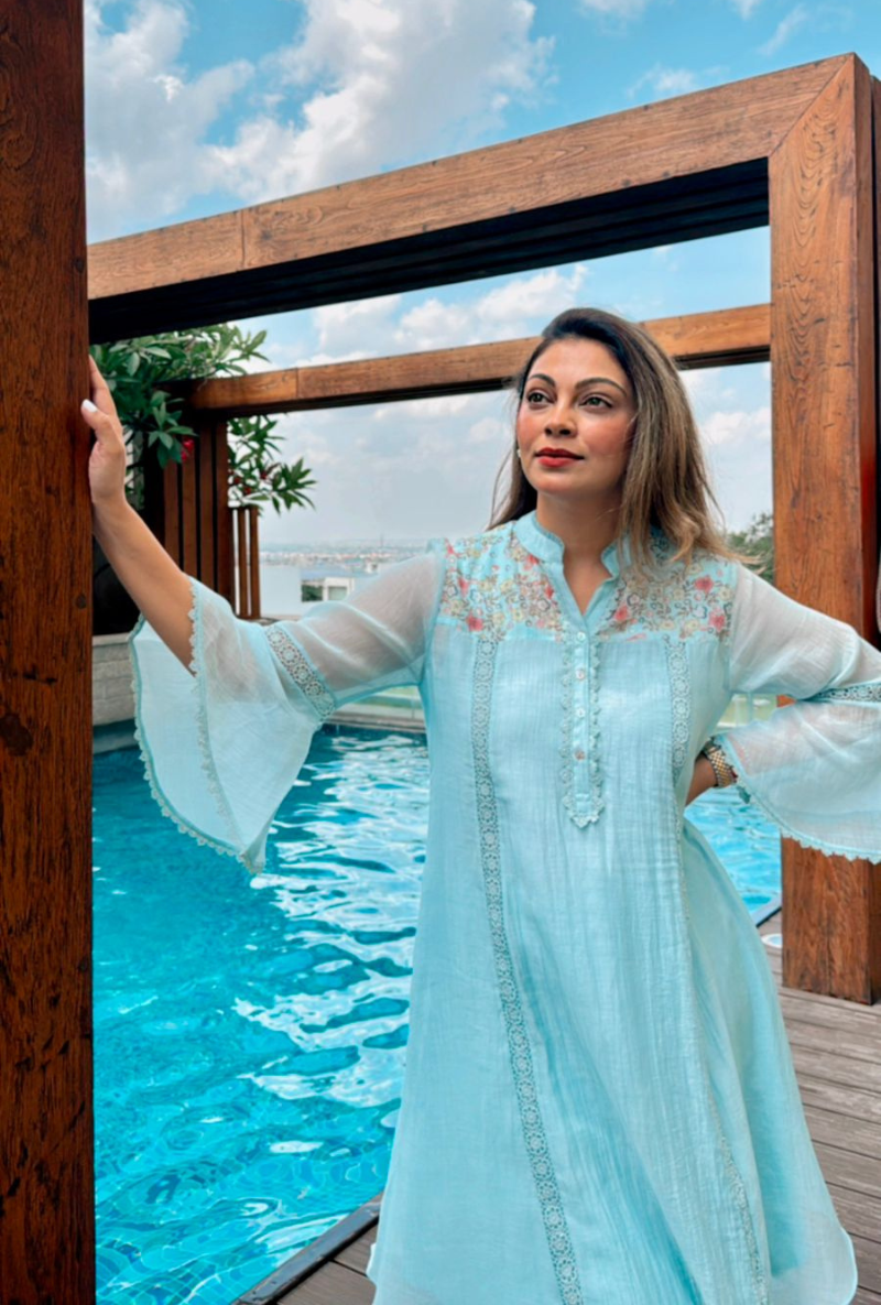Meghna Nayyar in Aqua Blue Pero Chanderi Floral Shoulder Yoke Kiki Kurta Set