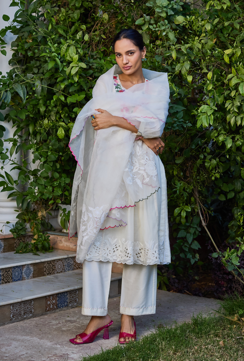 Ivory Hand Embroidered Yoke Anaardana Kurta Set