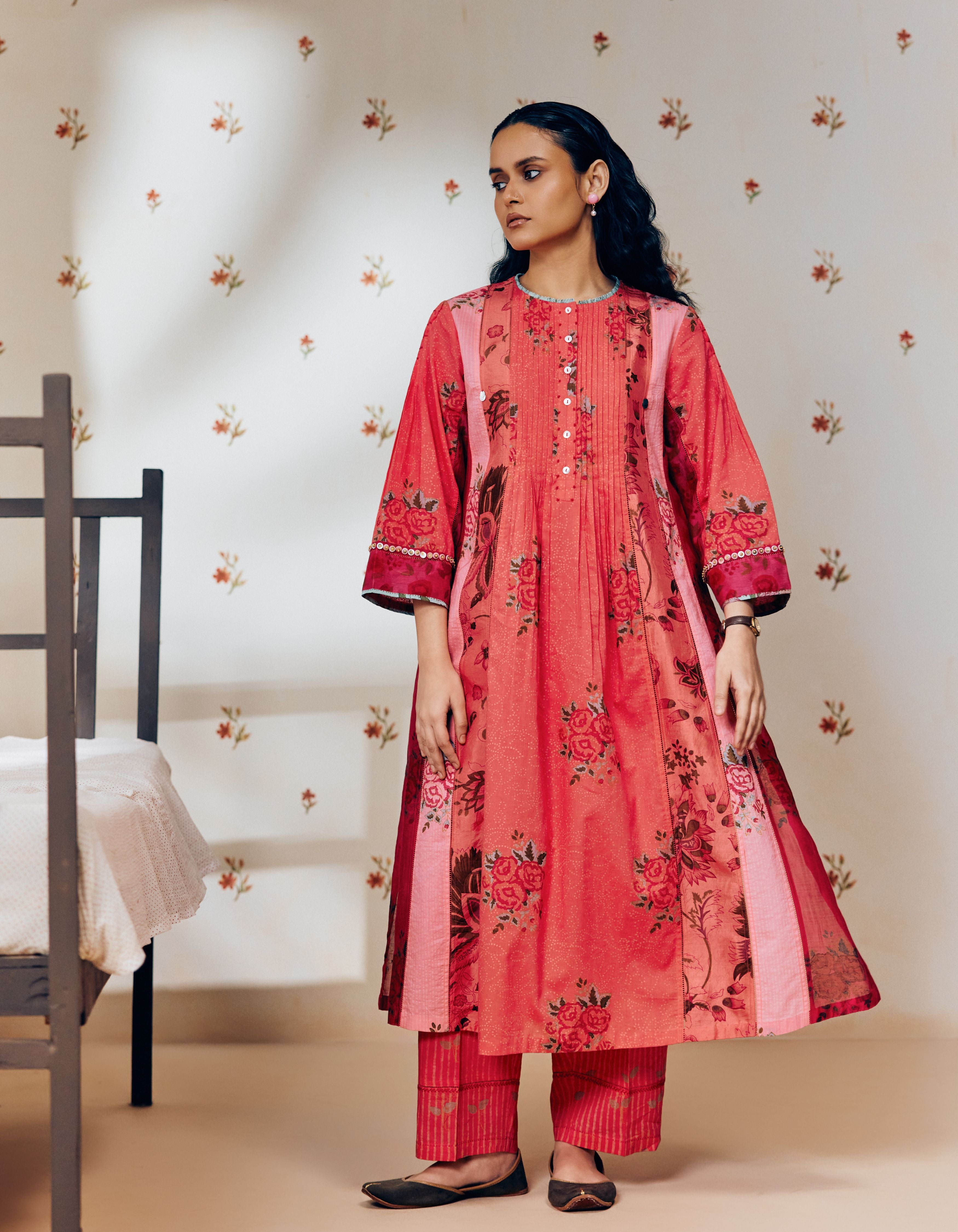 Rani Pink Pintuck Hand Block Printed Multi Panel Mia Kurta Set