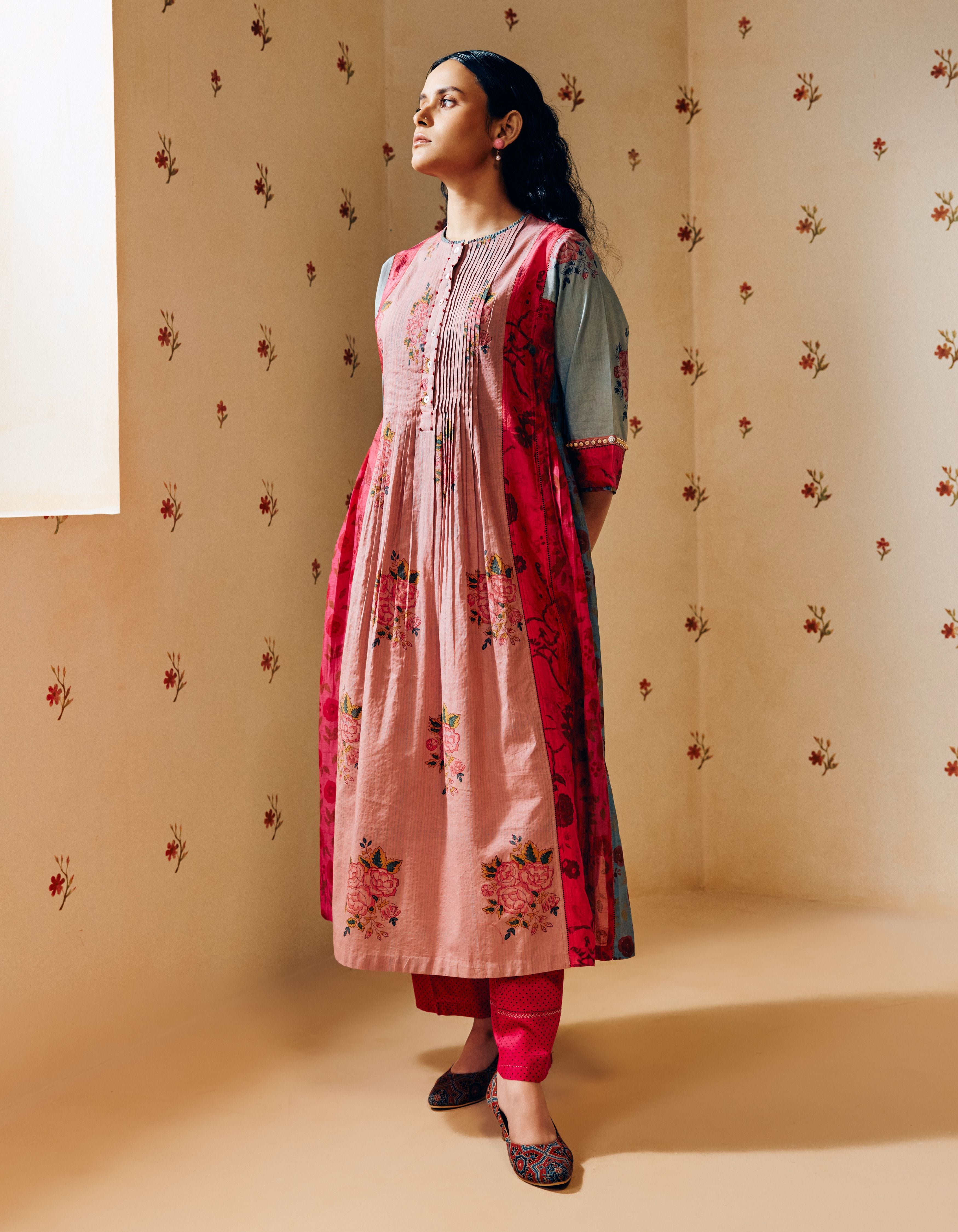 Old Rose Hand Block Printed Multi Panel Mia Kurta Set