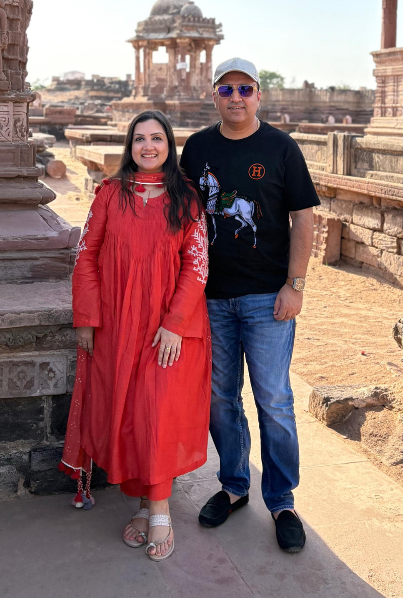 Madhuri Grover in Coral Motif Pintuck Inaya Kurta Set