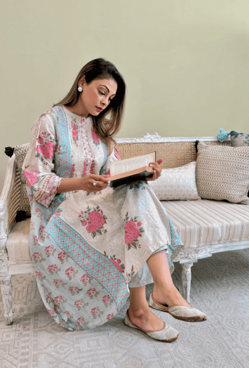 Meghna Nayyar in Powder Blue Hand Block Printed Multi Panel Mia Kurta Set