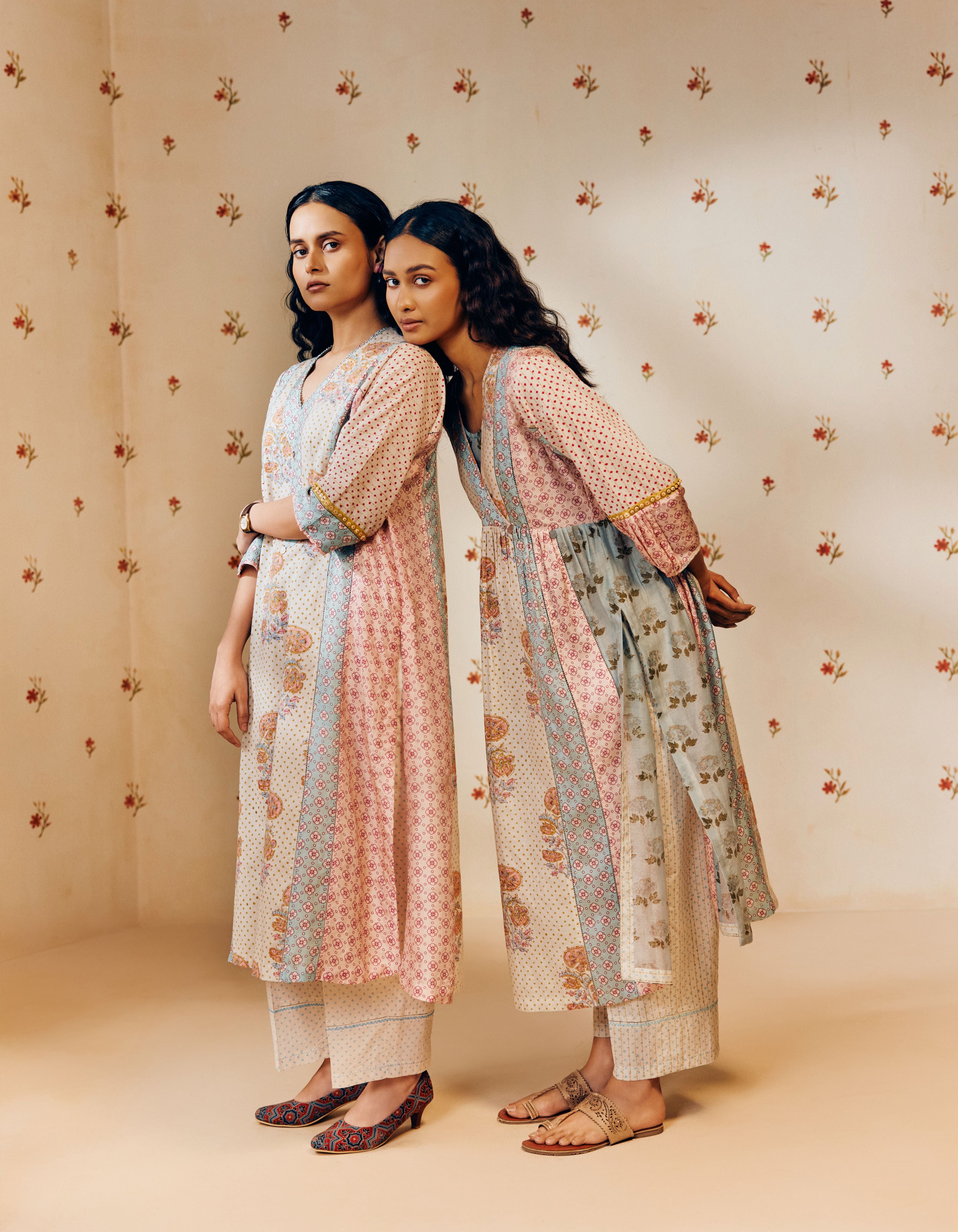 Off-White And Dusty Pink Front Gathers Hand Block Printed Multi Panel Mia Kurta Set