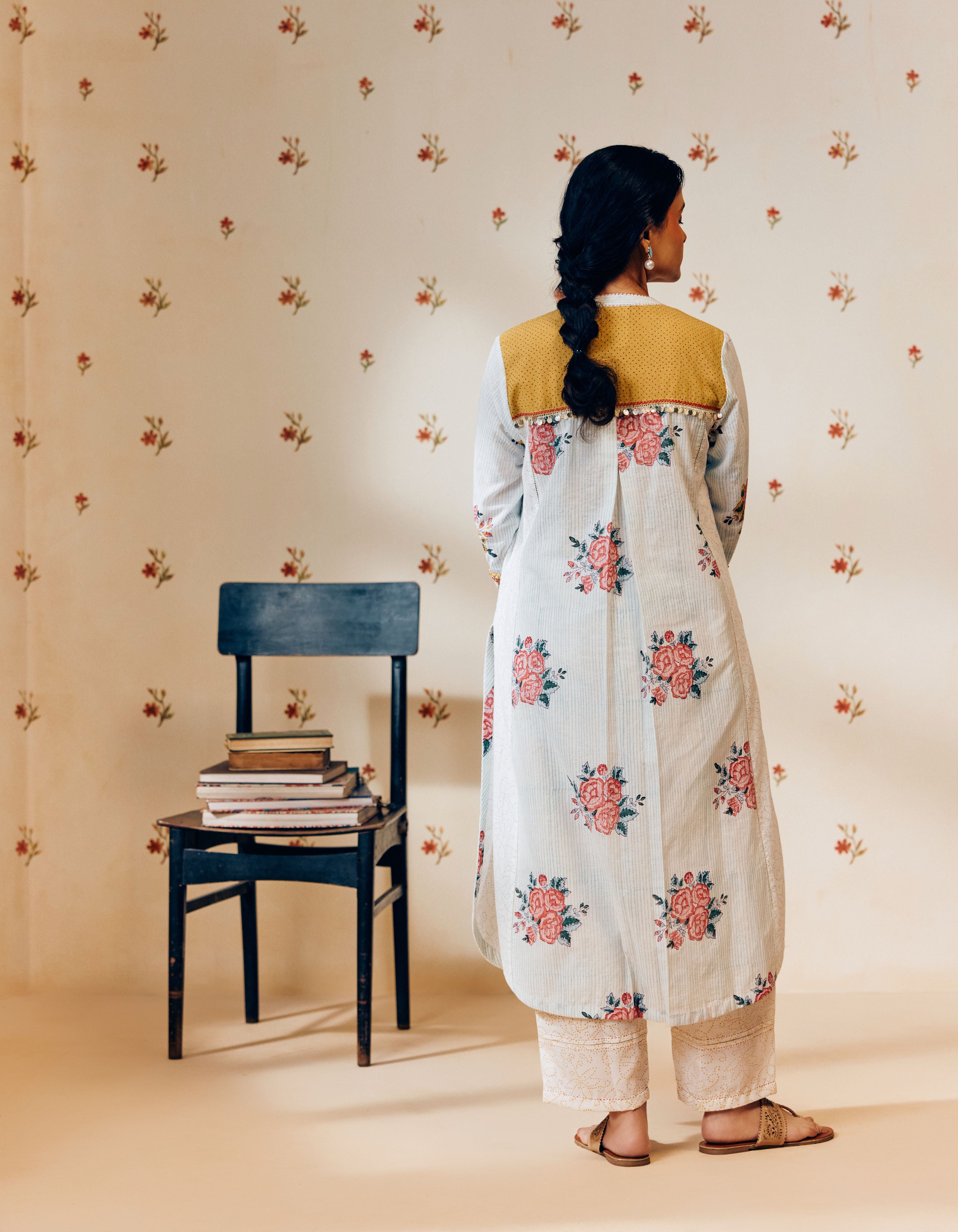 Off-White &  Sky Blue Handblock Rose Motif Mia Kurta Set