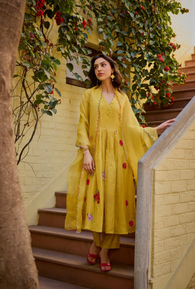 Mustard Empire Cut Applique Anaardana Anarkali Set