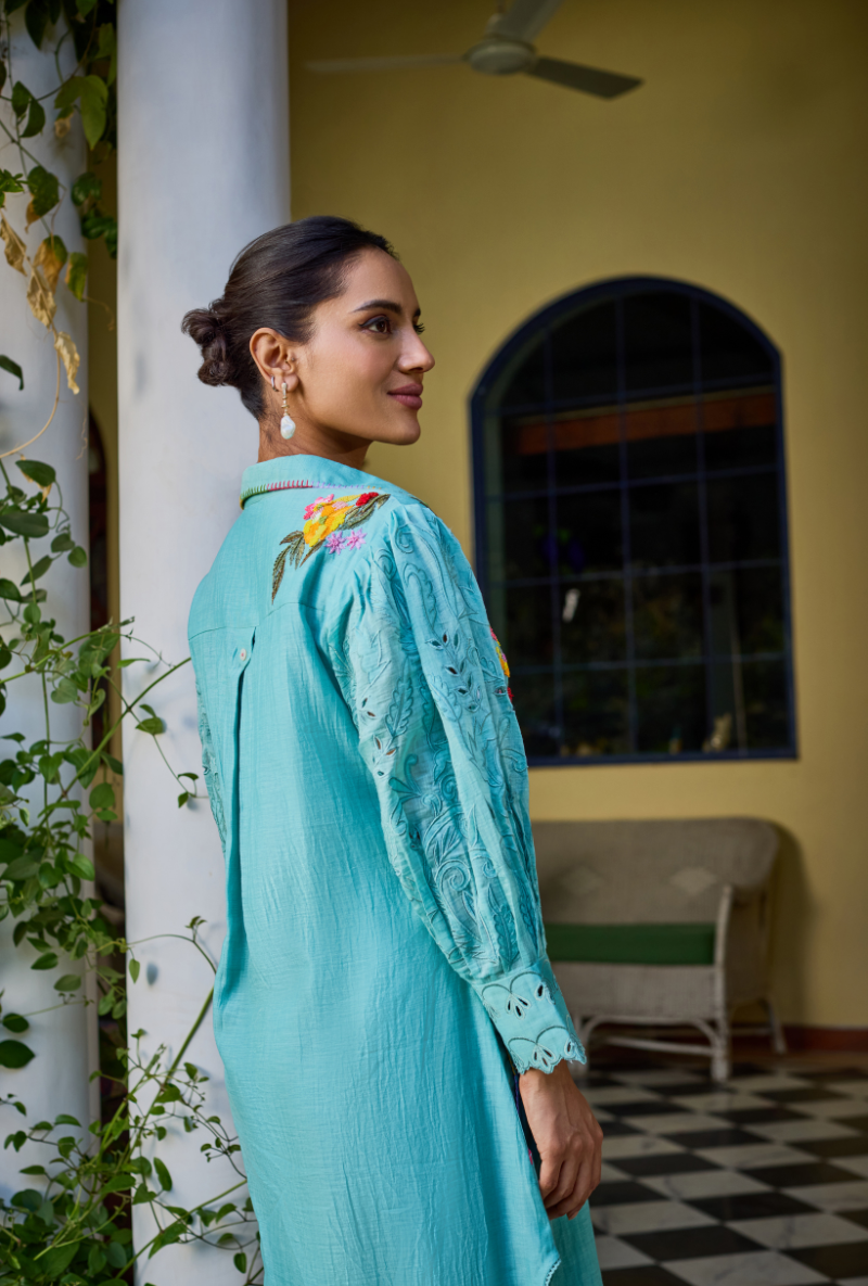 Turquoise Collared Button Down Anaardana Co-Ord Set