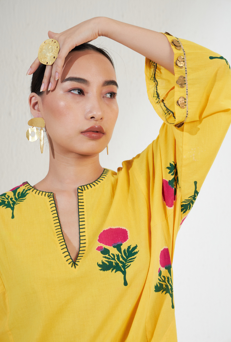 Yellow Hand Block Print Gulnaar Olivia Kurta Set