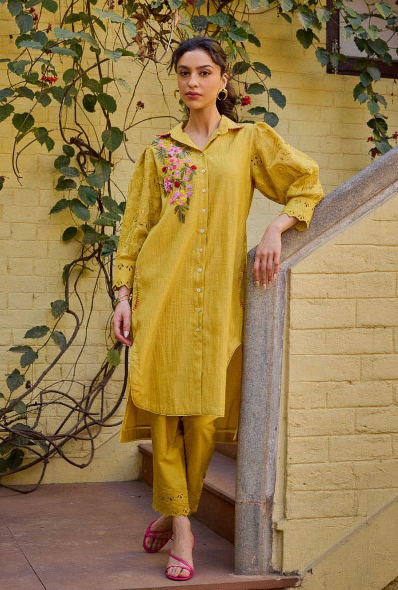 Mustard Collared Button Down Anaardana Co-Ord Set