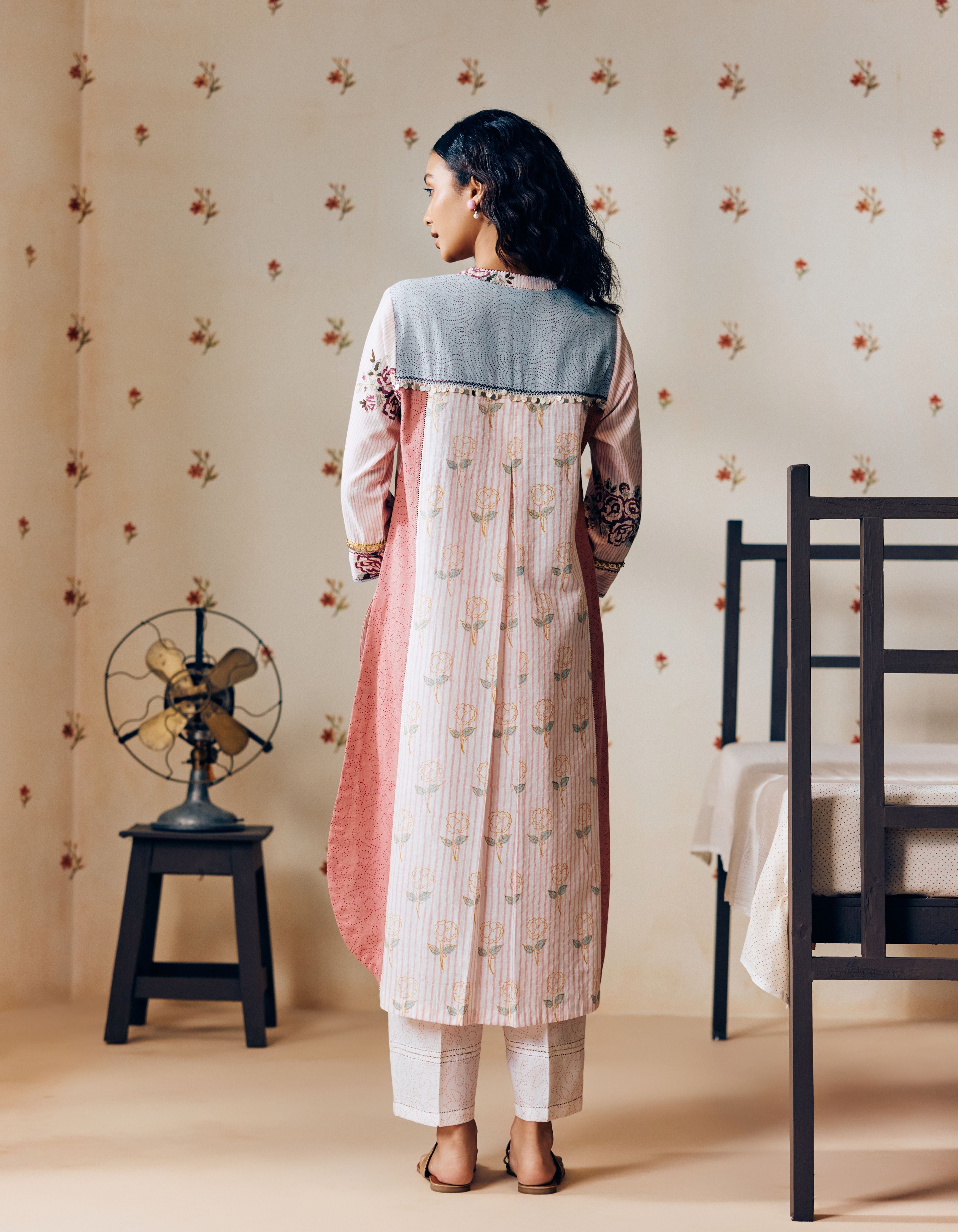 Off-White & Powder Pink Handblock Rose Motif Mia Kurta Set