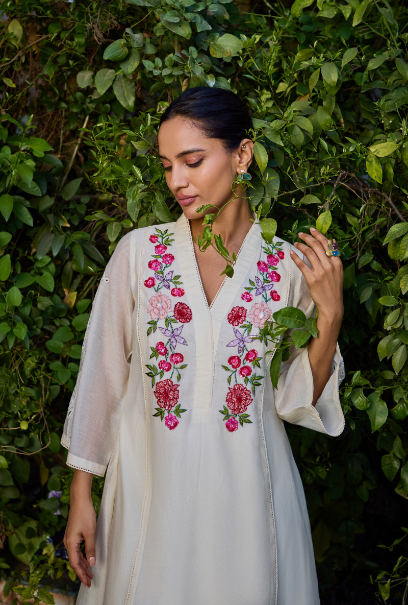 Ivory A Line Hand Embroidered Anaardana Kurta Set