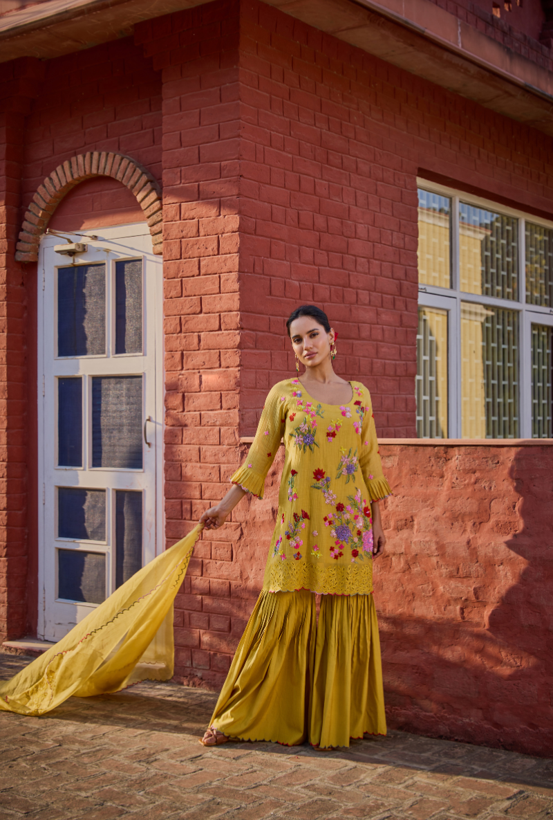 Mustard Hand Embroidery Cut Work Short Kurta Anaardana Gharara Set