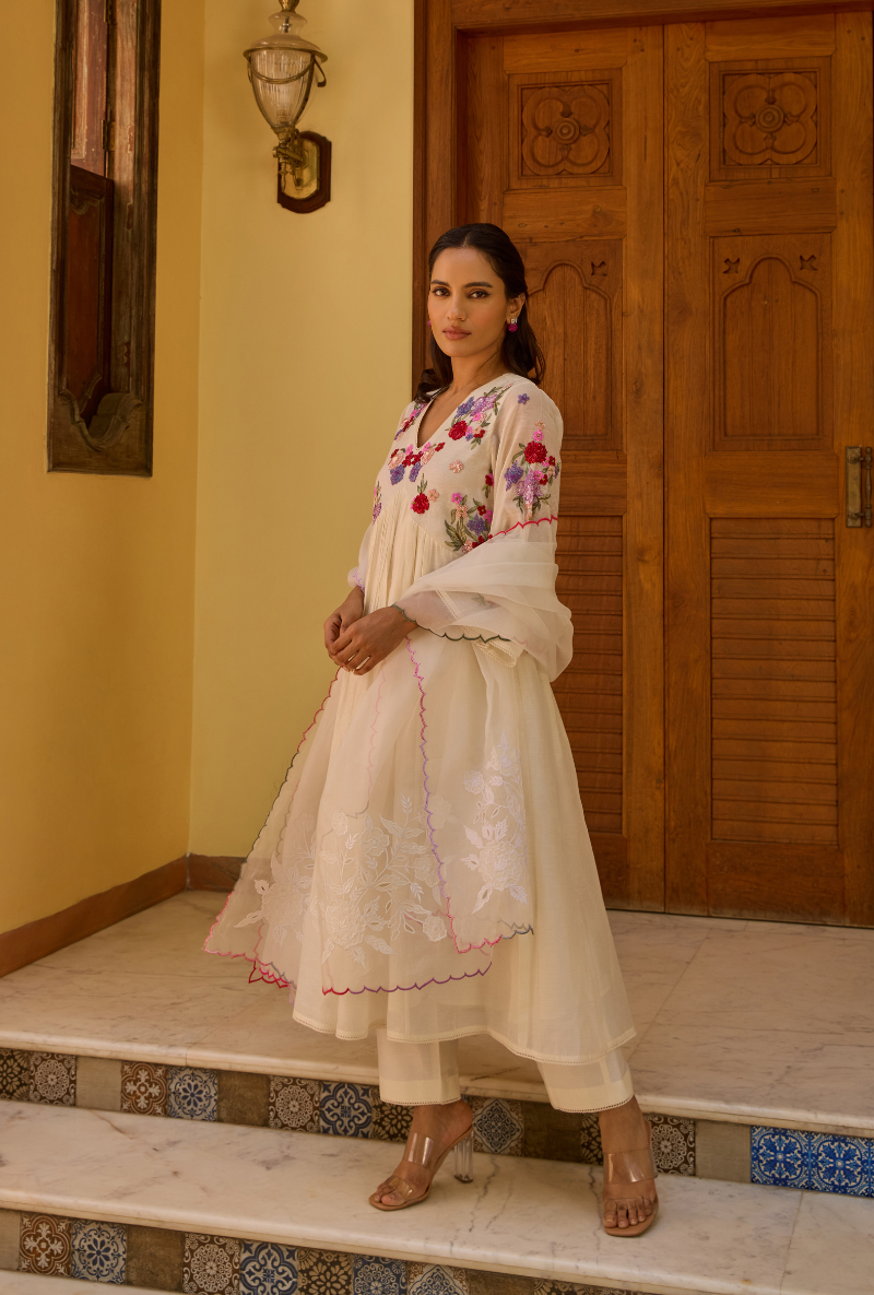 Ivory Hand Embroidered Kalidaar Anaardana Kurta Set