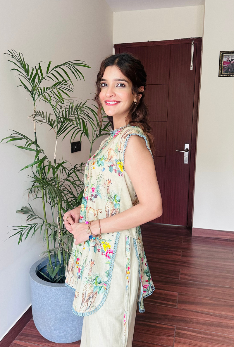 Varsha Rana in Beige Safari Print Sleeveless Savannah Co-Ord Set