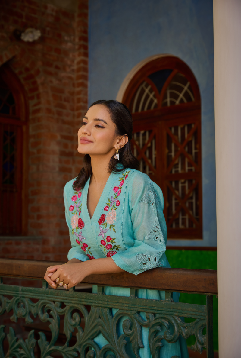 Turquoise A Line Hand Embroidered Anaardana Kurta Set