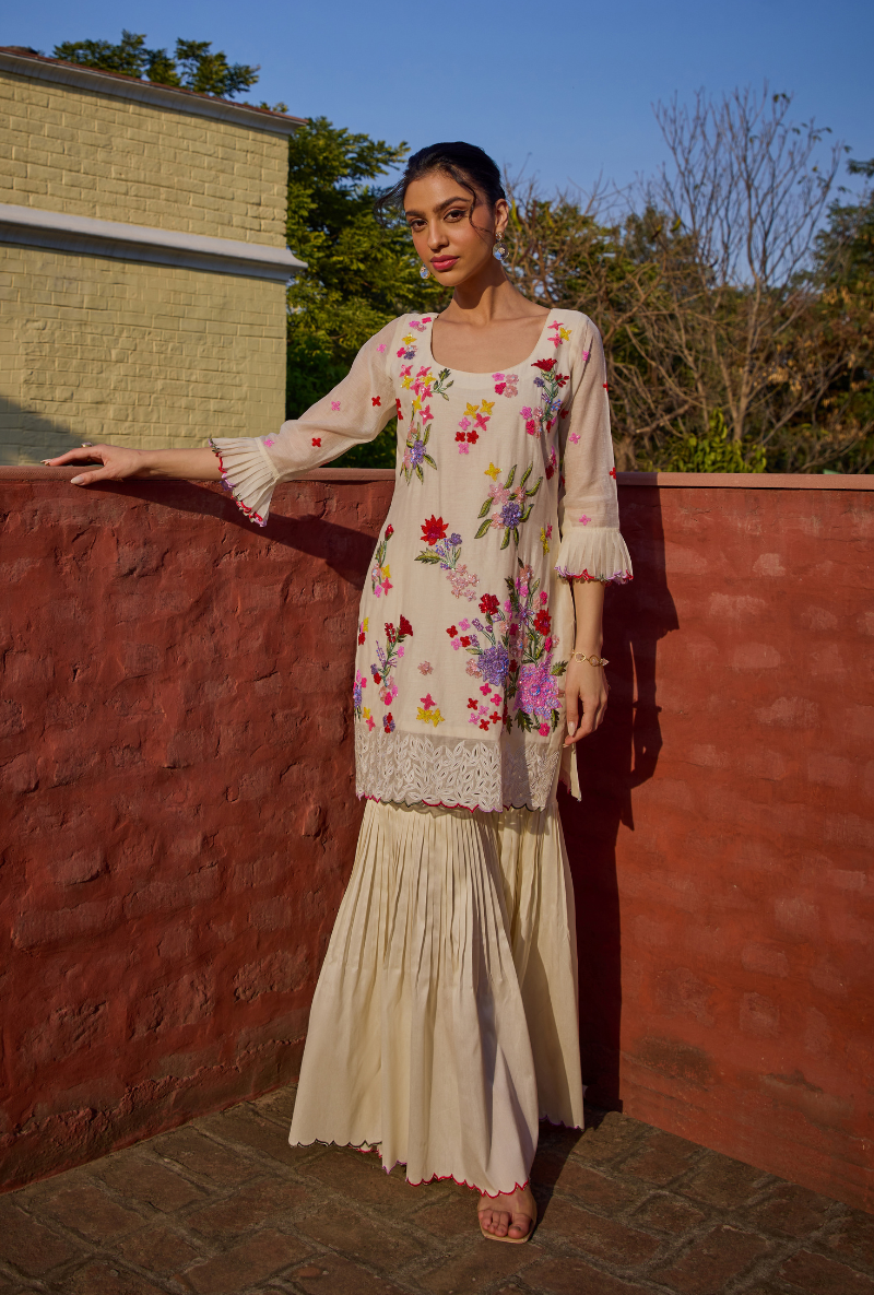 Ivory Hand Embroidery Cut Work Short Kurta Anaardana Gharara Set