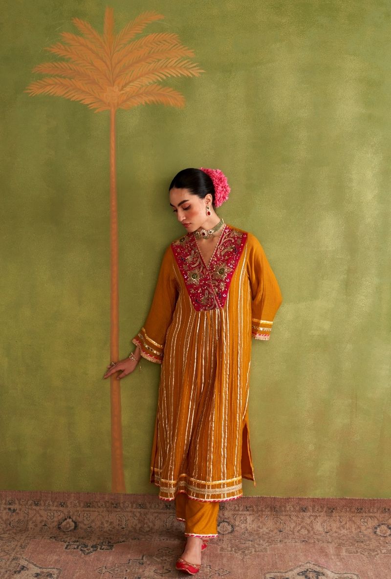 Mustard Embroidered Overlap Morbagh Kurta Set
