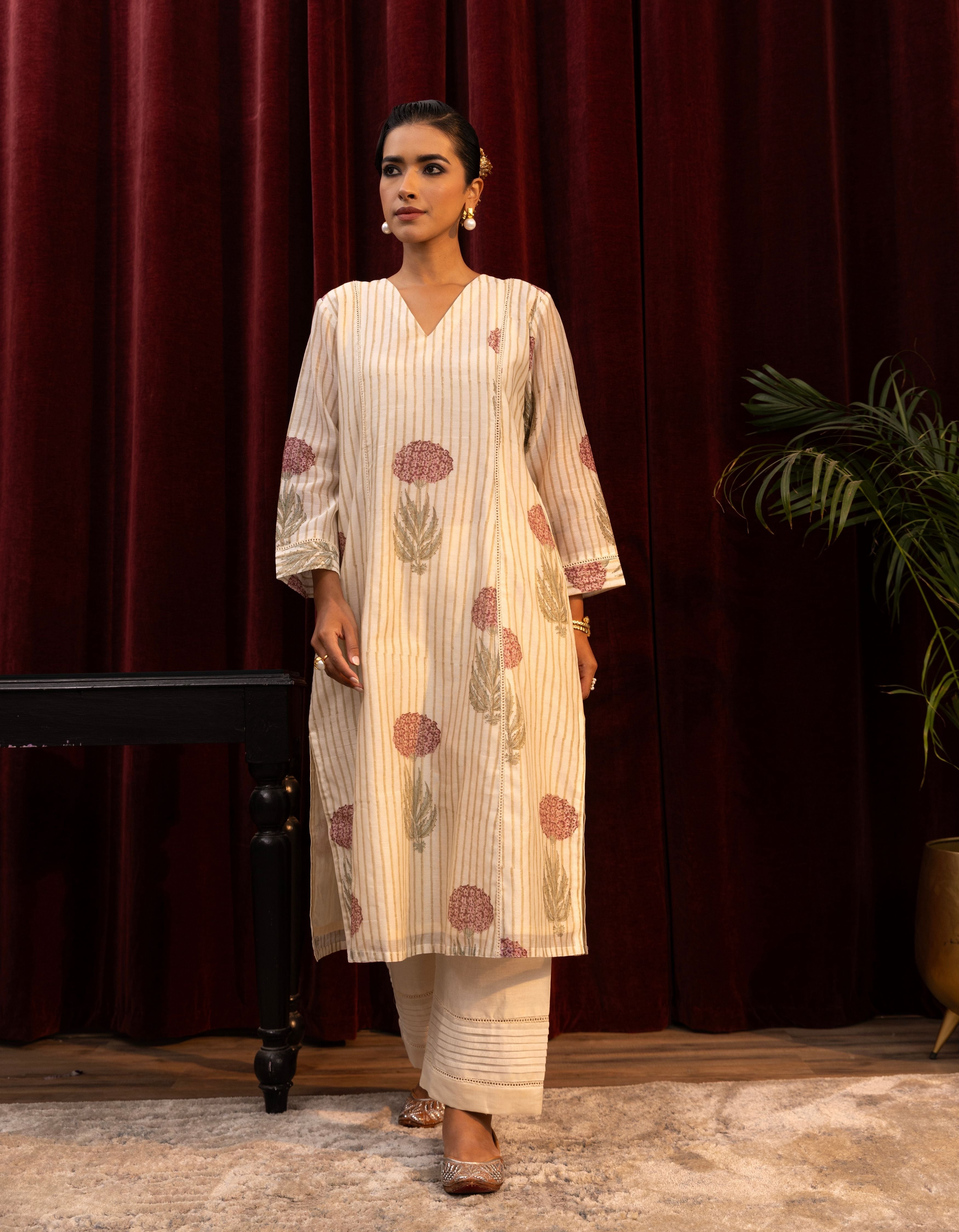 Ivory Stripes Block Print A-line Mogra Kurta Set