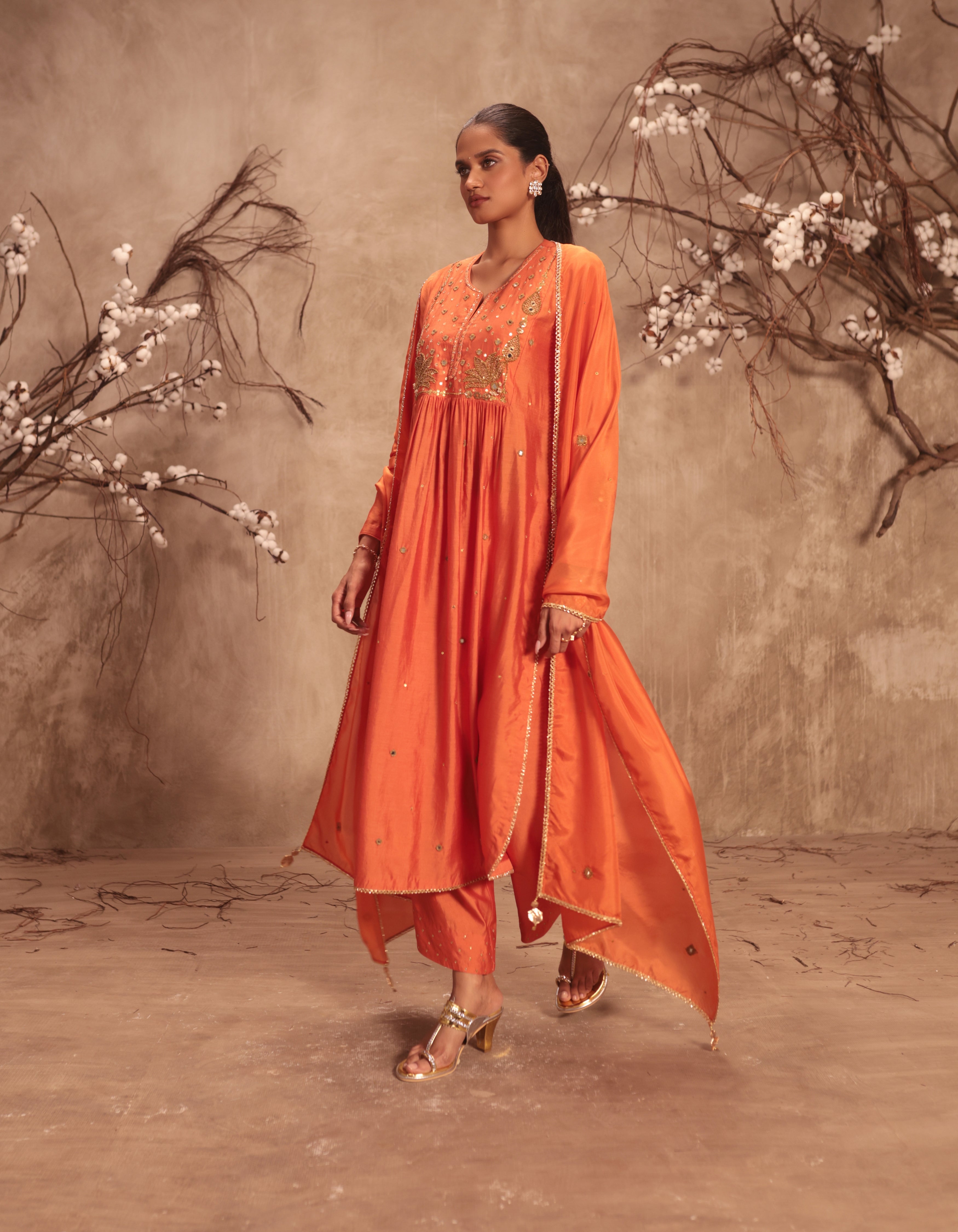 Orange Frockstyle Rani Kurta Set