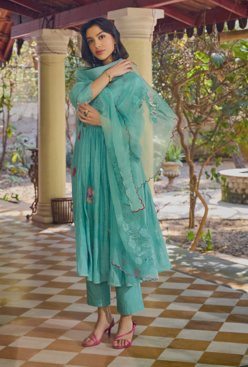 Turquoise Empire Cut Applique Anaardana Anarkali Set