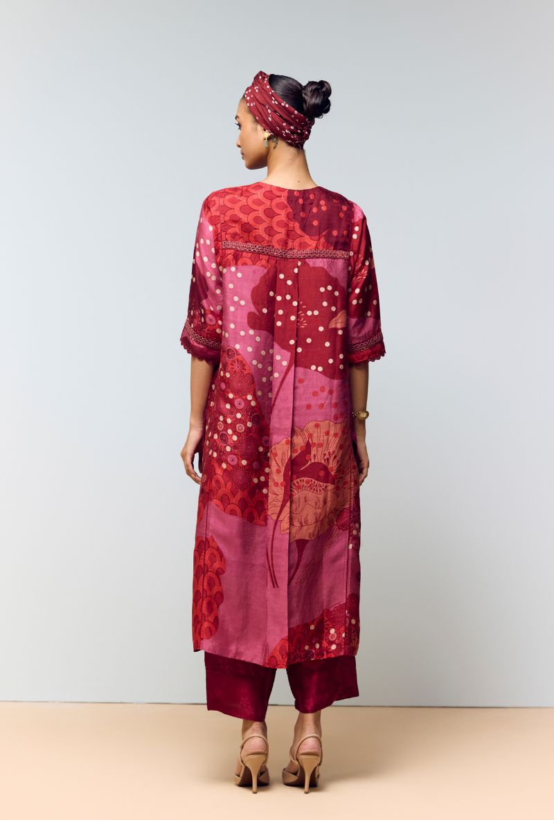 Deep Red Hand Printed Kaftan Sleeve Eden Co-Ord Set