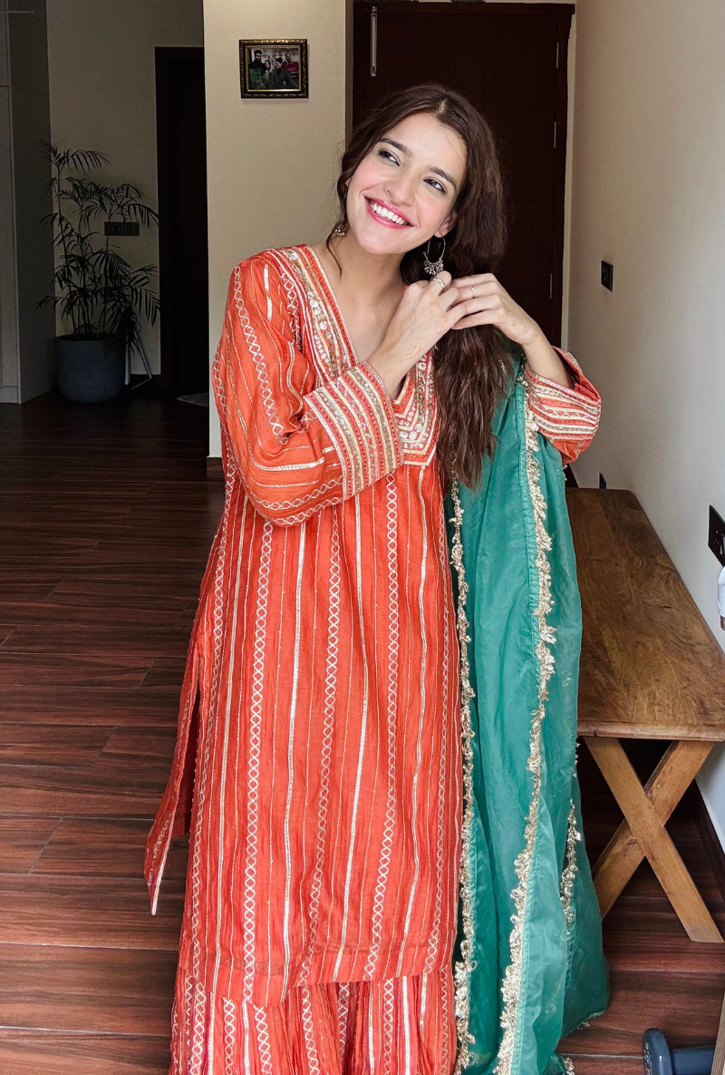 Varsha Rana in Rust Stripe Gota Gharara Set