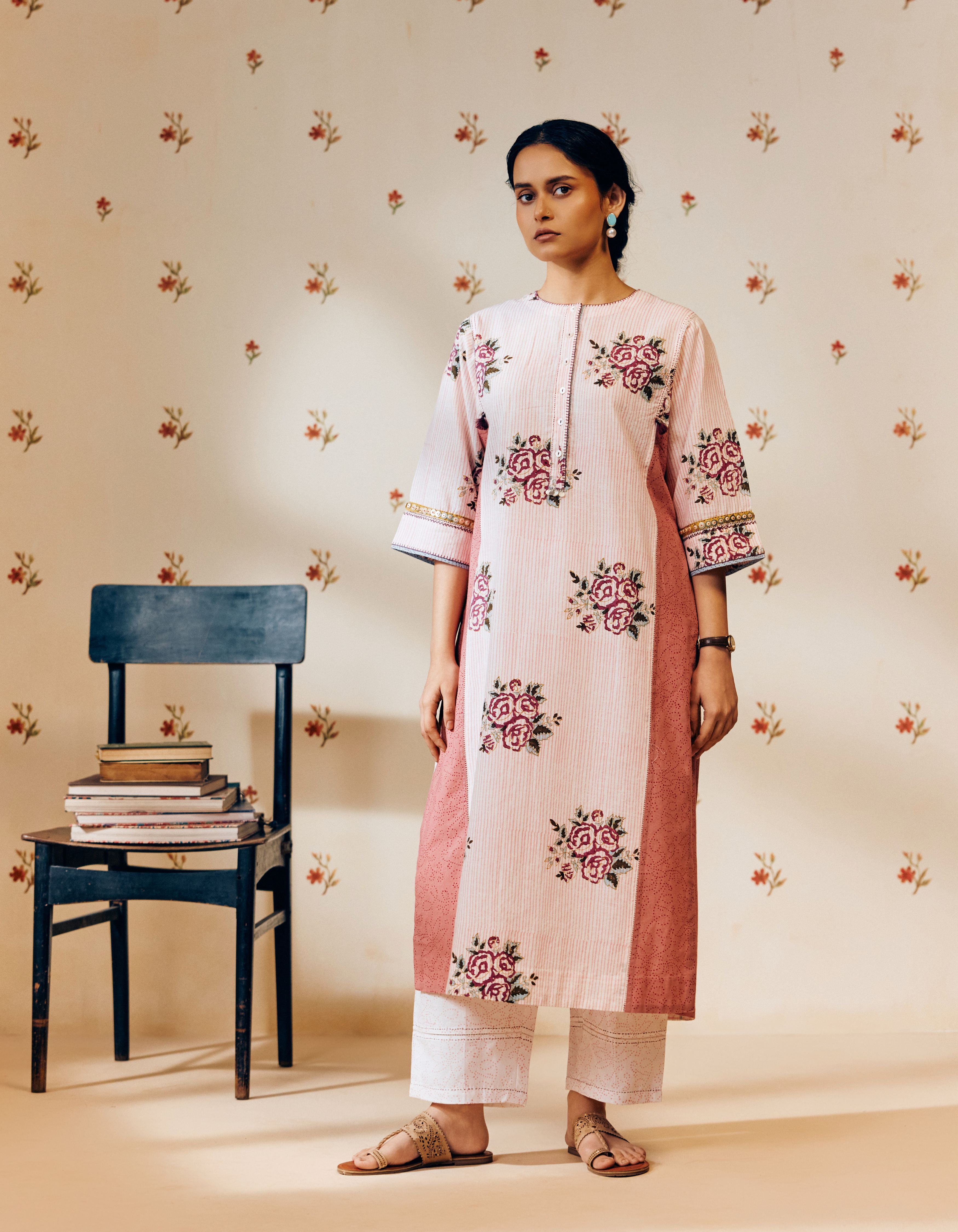 Off-White &  Pink Handblock Rose Motif Mia Kurta Set