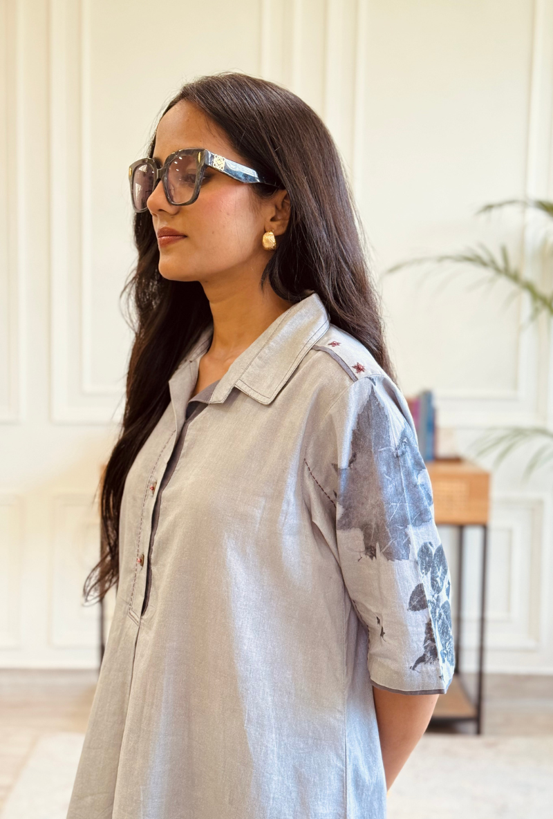 Jyoti Verma in English Blue Eco Print Long Shirt Co-ord Set