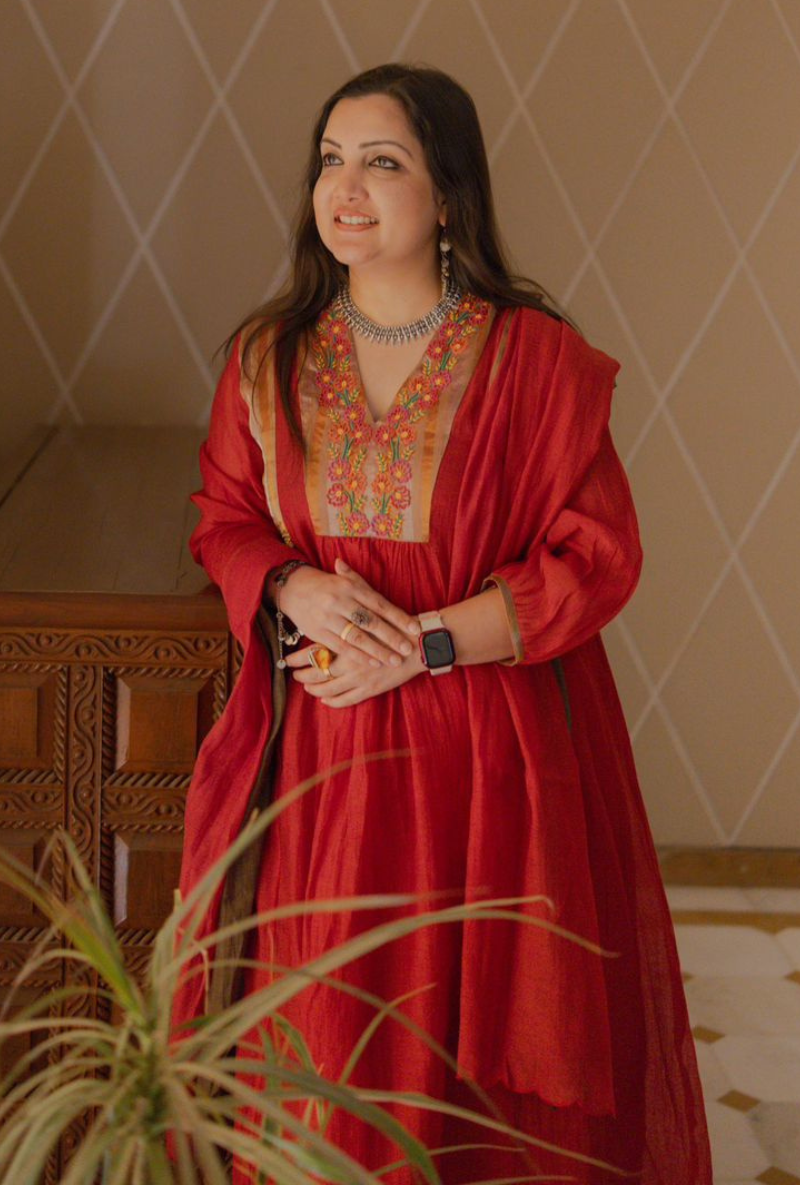 Madhuri Grover in Red Thread Work Tissue Yoke Ruhi Kurta Set