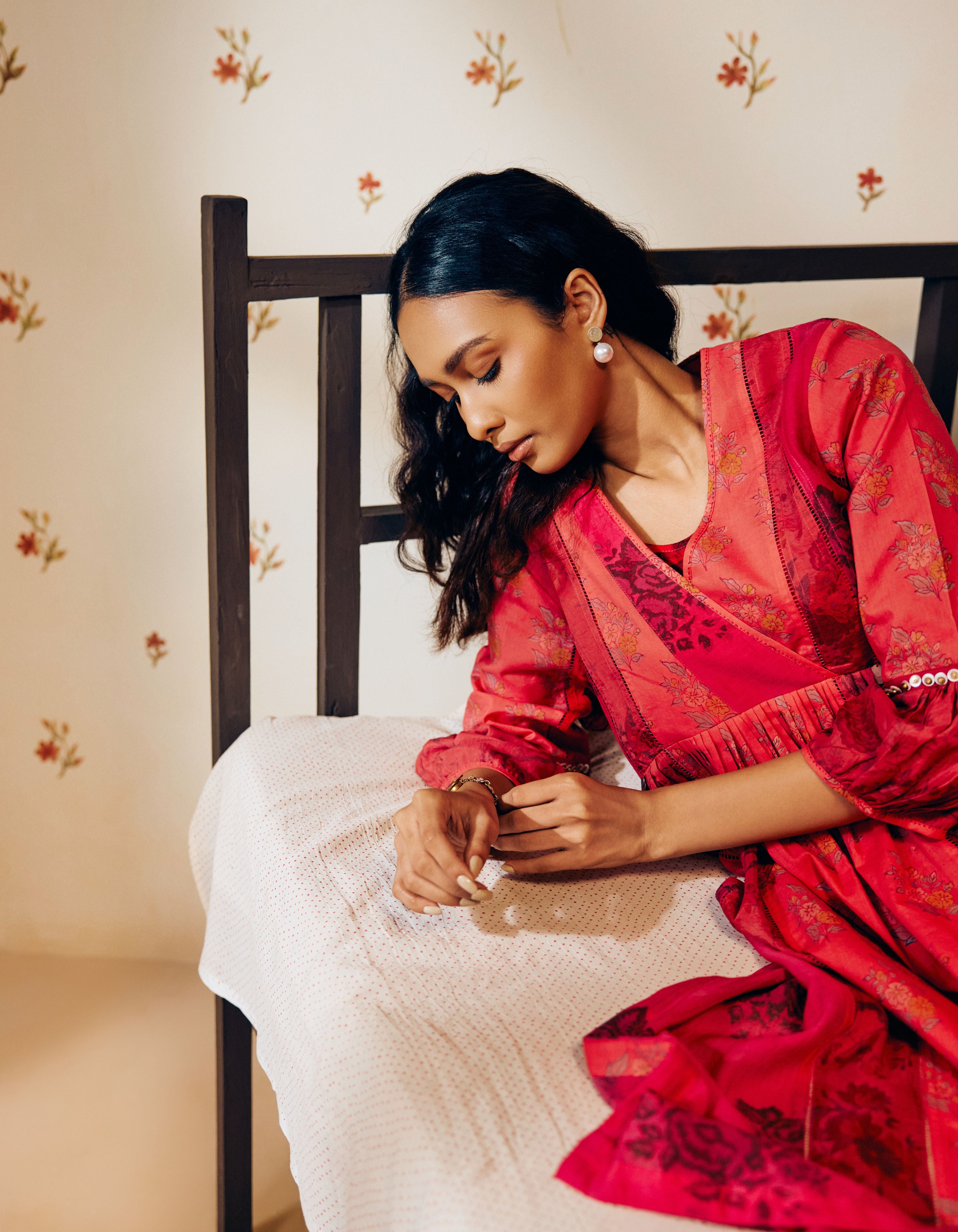 Rani Pink Hand Block Printed Multi Panel Mia Kurta Set