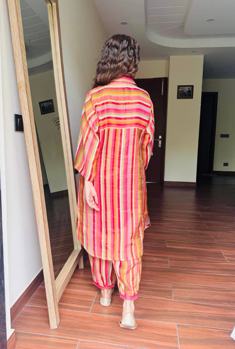Varsha Rana in Red Anti Fit Stripe Kurta Set
