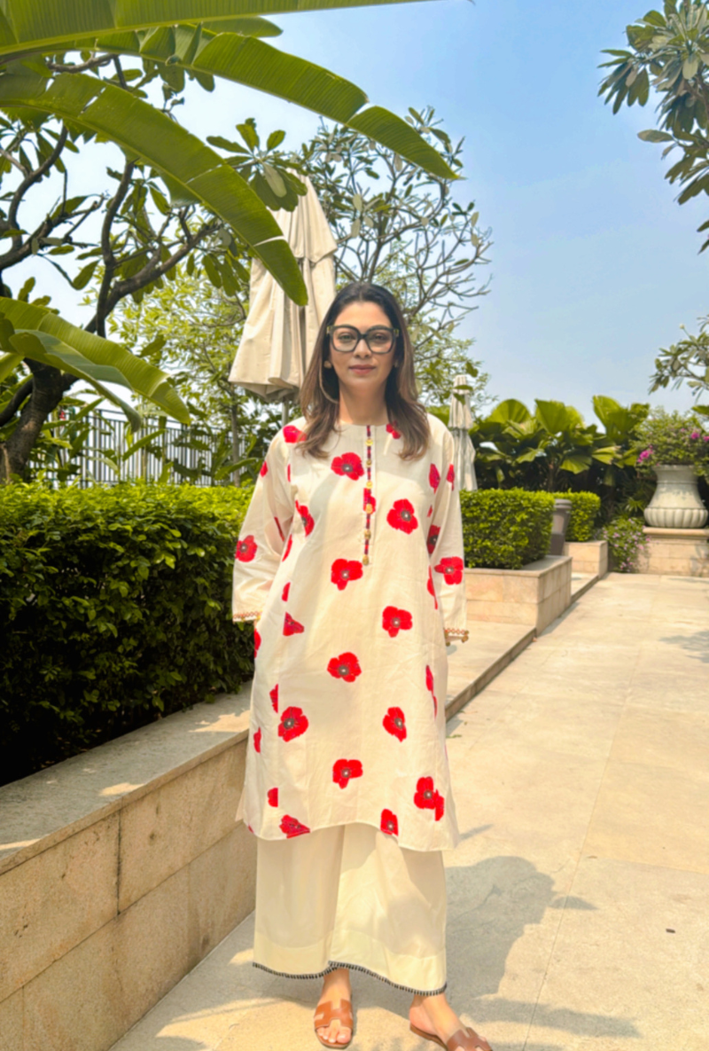 Meghna Nayyar in White Hand Embroidered Poppy Love Letters Kurta Set