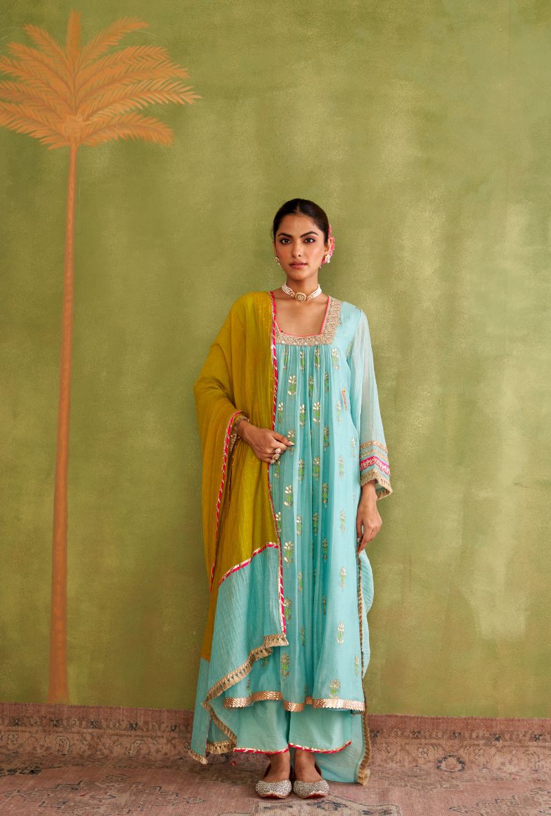 Aqua Embroidered Square Neck Morbagh Kurta Set