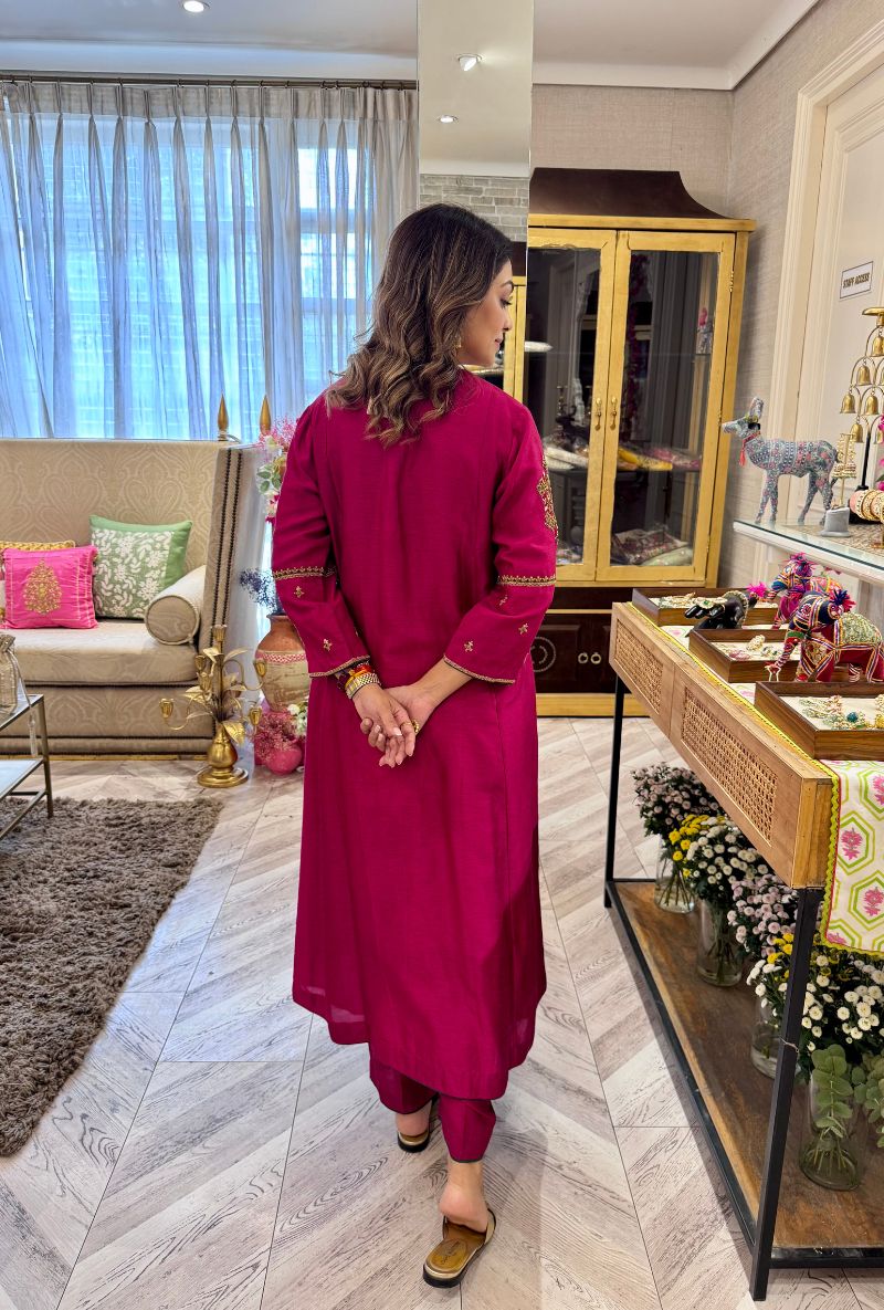 Meghna Nayyar in Rani Pink with Hand-Embroidered Yoke Kurta Set