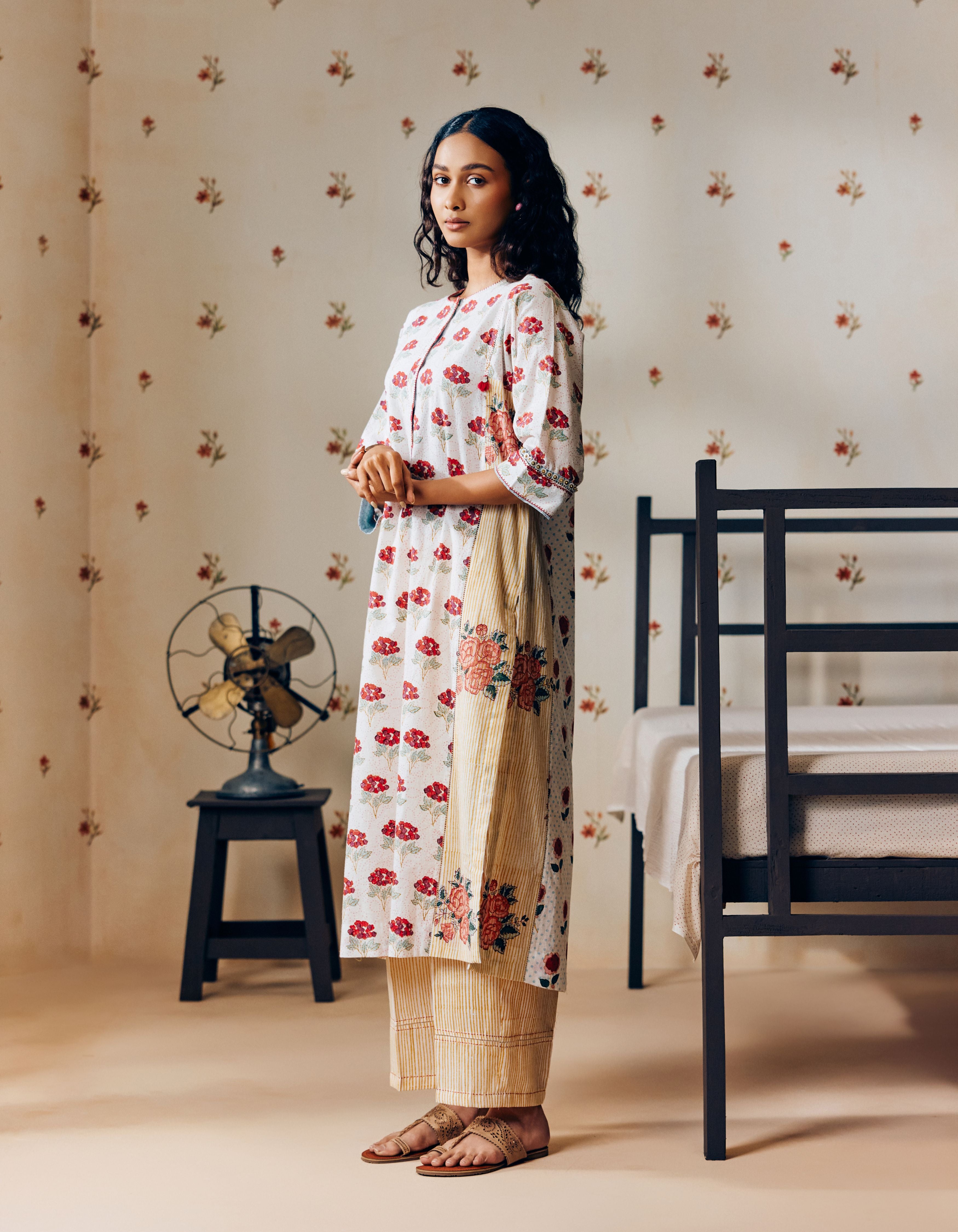 Off-White & Mustard Poppy Motif Mia Kurta Set