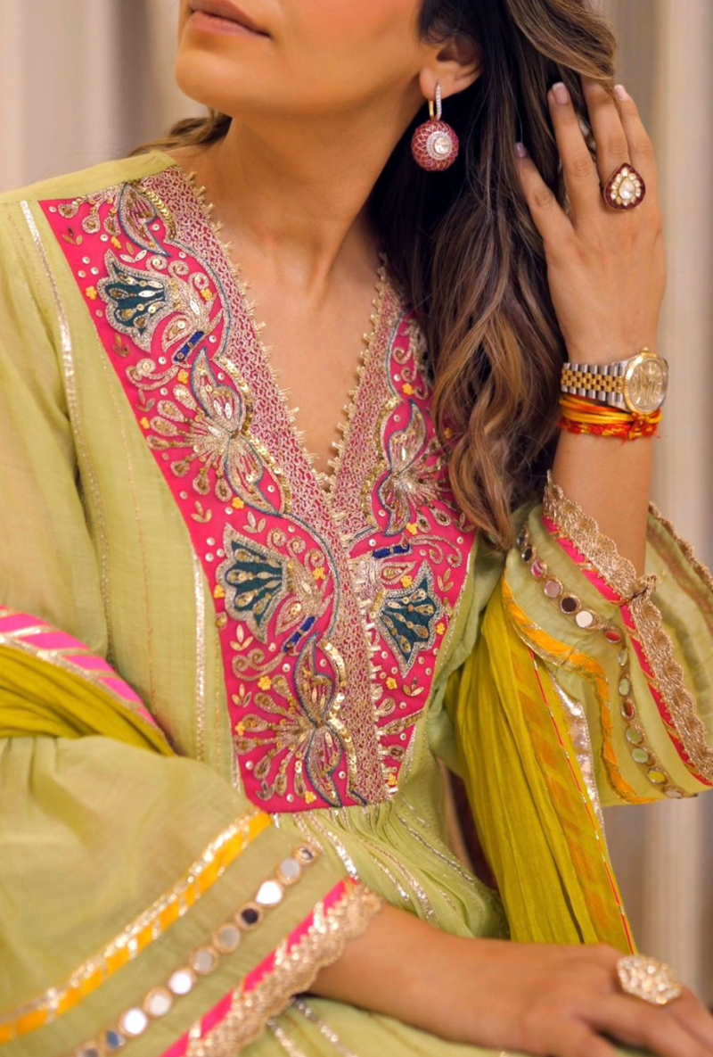 Meghna Nayyar in Mint Green Embroidered Overlap Morbagh Kurta Set
