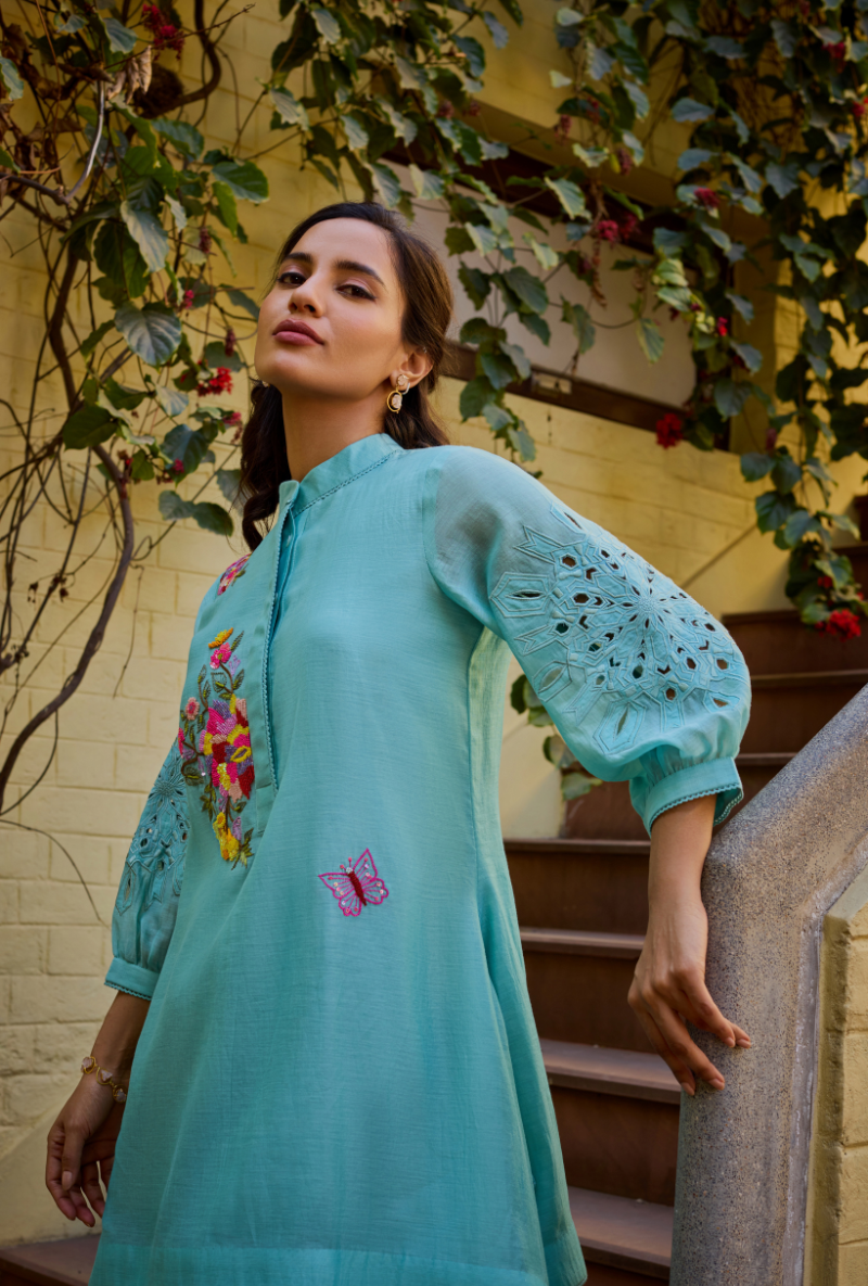 Turquoise Side Drop Short Annardana Co-Ord Set