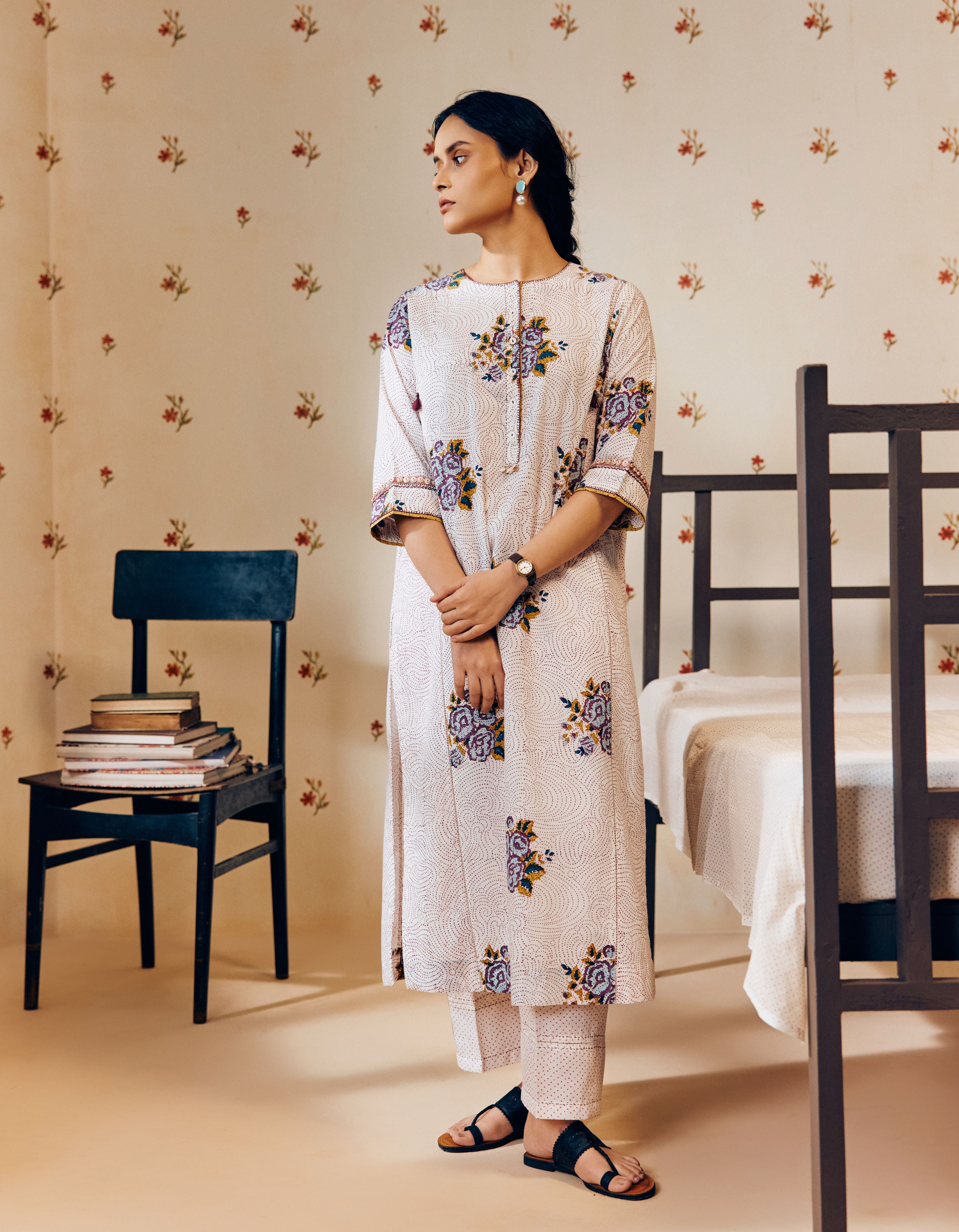 Off-White Rose Handblock Print Mia Kurta Set