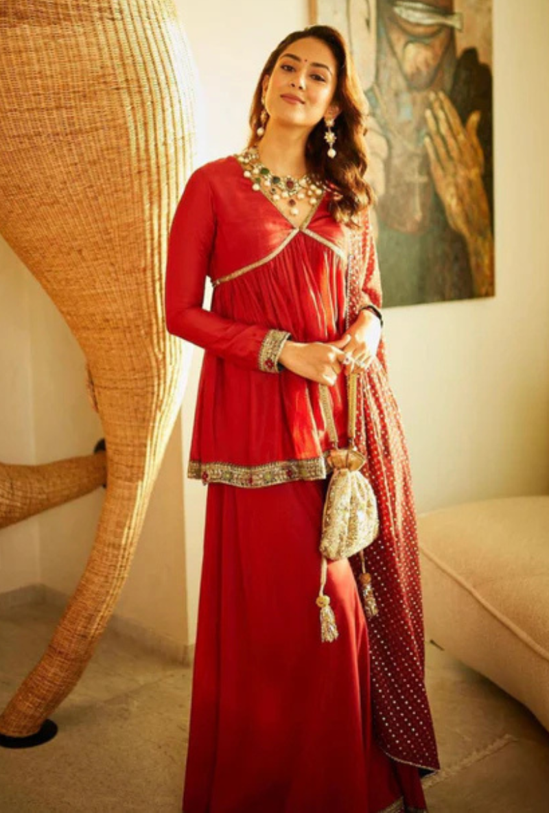 Mira Rajput in Red Cross Yoke Embroidered Chhaya Sharara Set