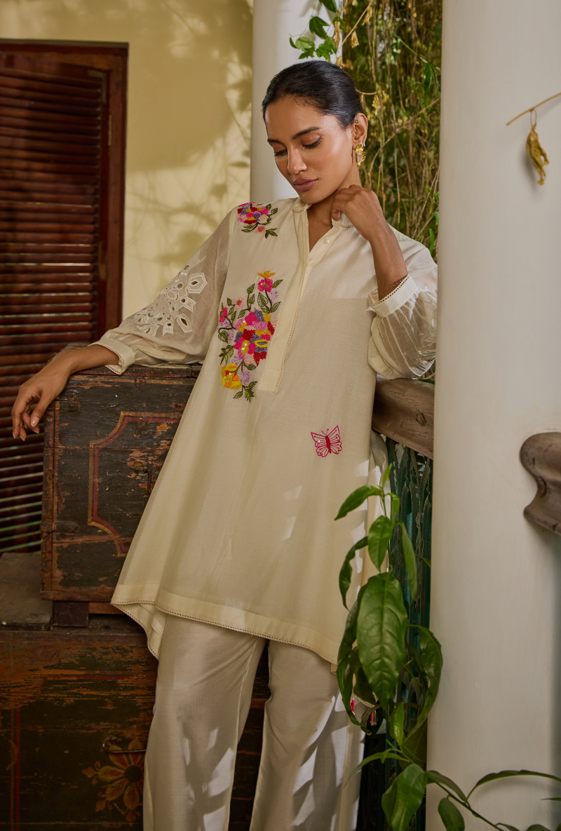 Meghna Nayyar in Ivory Side Drop Short Annardana Co-Ord Set