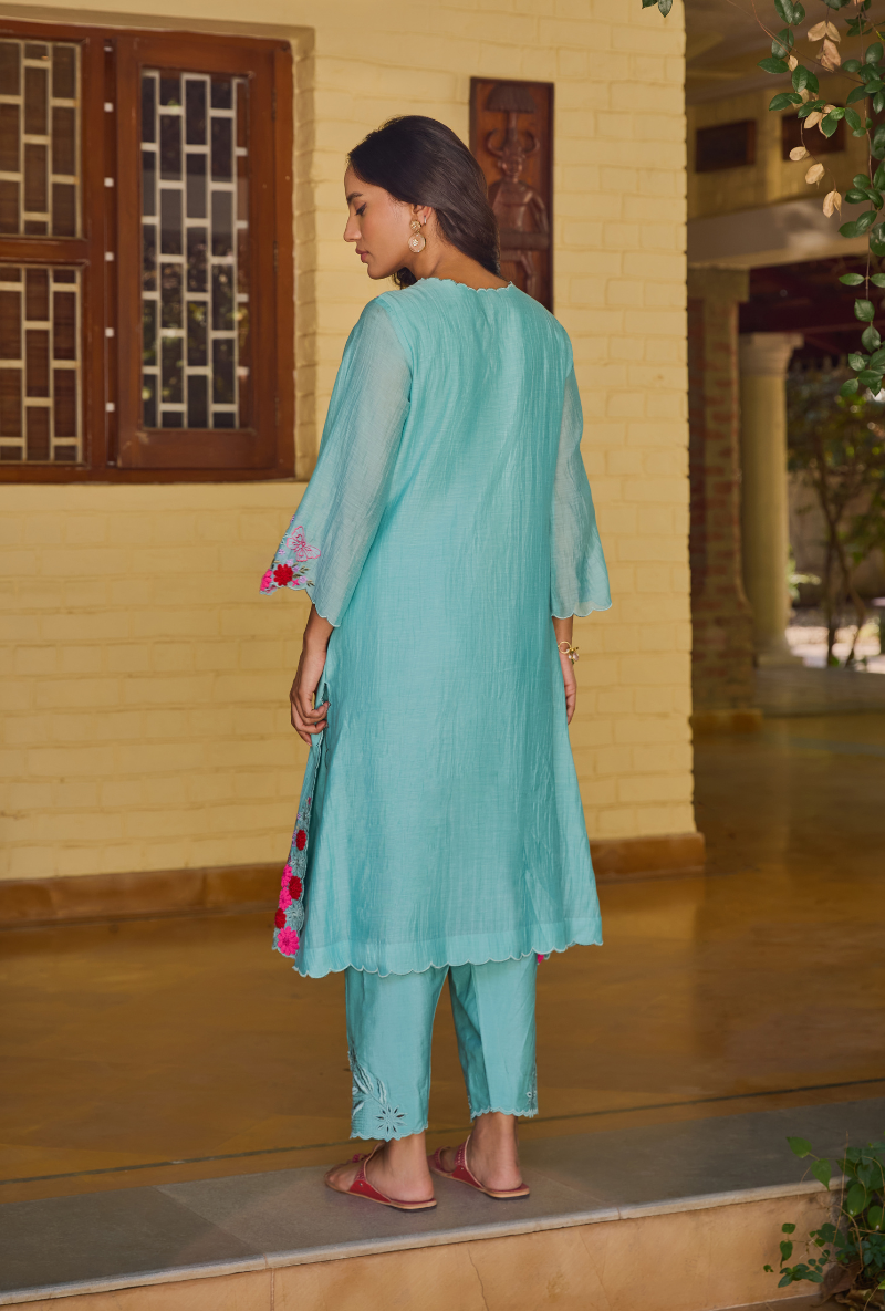 Turquoise Cutwork Neckline Straight Anaardana Kurta Set