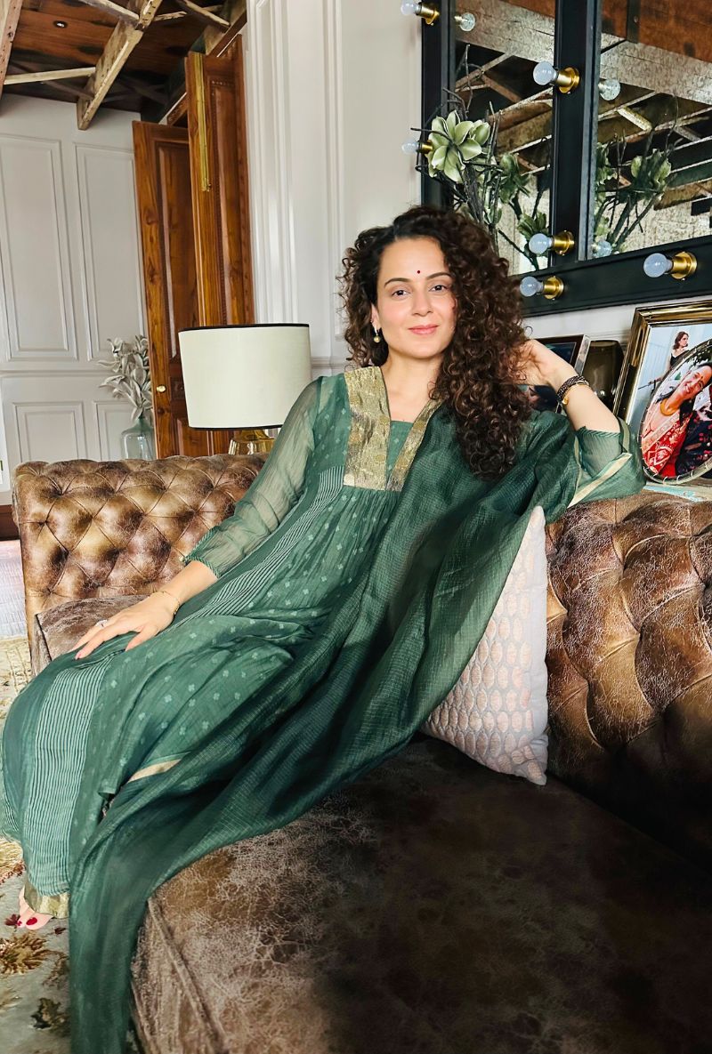 Kangna Ranaut in Sage Green Jackquard Panel Ruhi Kurta Set